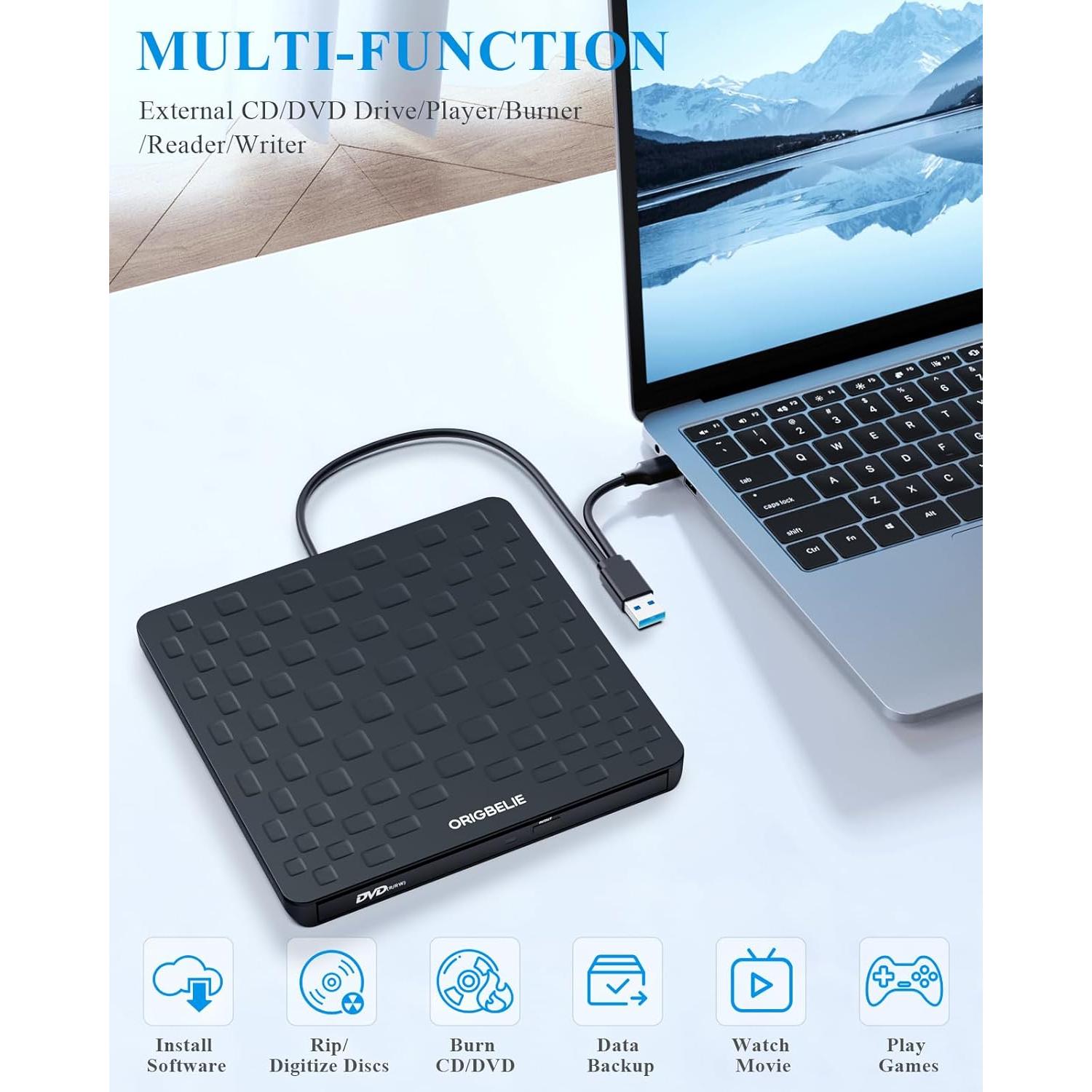 External CD DVD Drive for Laptop, USB 3.0 Type-C Ultra Slim 13mm DVD Player Portable CD DVD +/-RW Drive CD Burner Reader Writer Recorder for Desktop PC Windows 11/10/8/7 Linux Mac OS (Black)