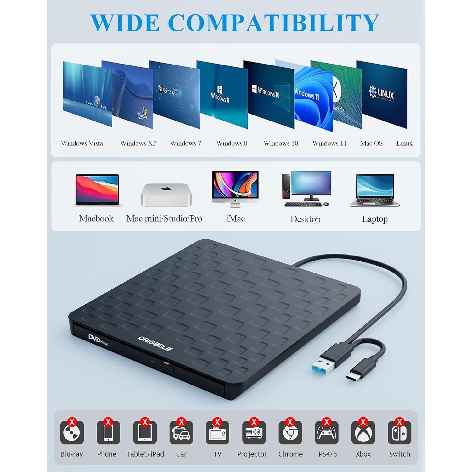 External CD DVD Drive for Laptop, USB 3.0 Type-C Ultra Slim 13mm DVD Player Portable CD DVD +/-RW Drive CD Burner Reader Writer Recorder for Desktop PC Windows 11/10/8/7 Linux Mac OS (Black)