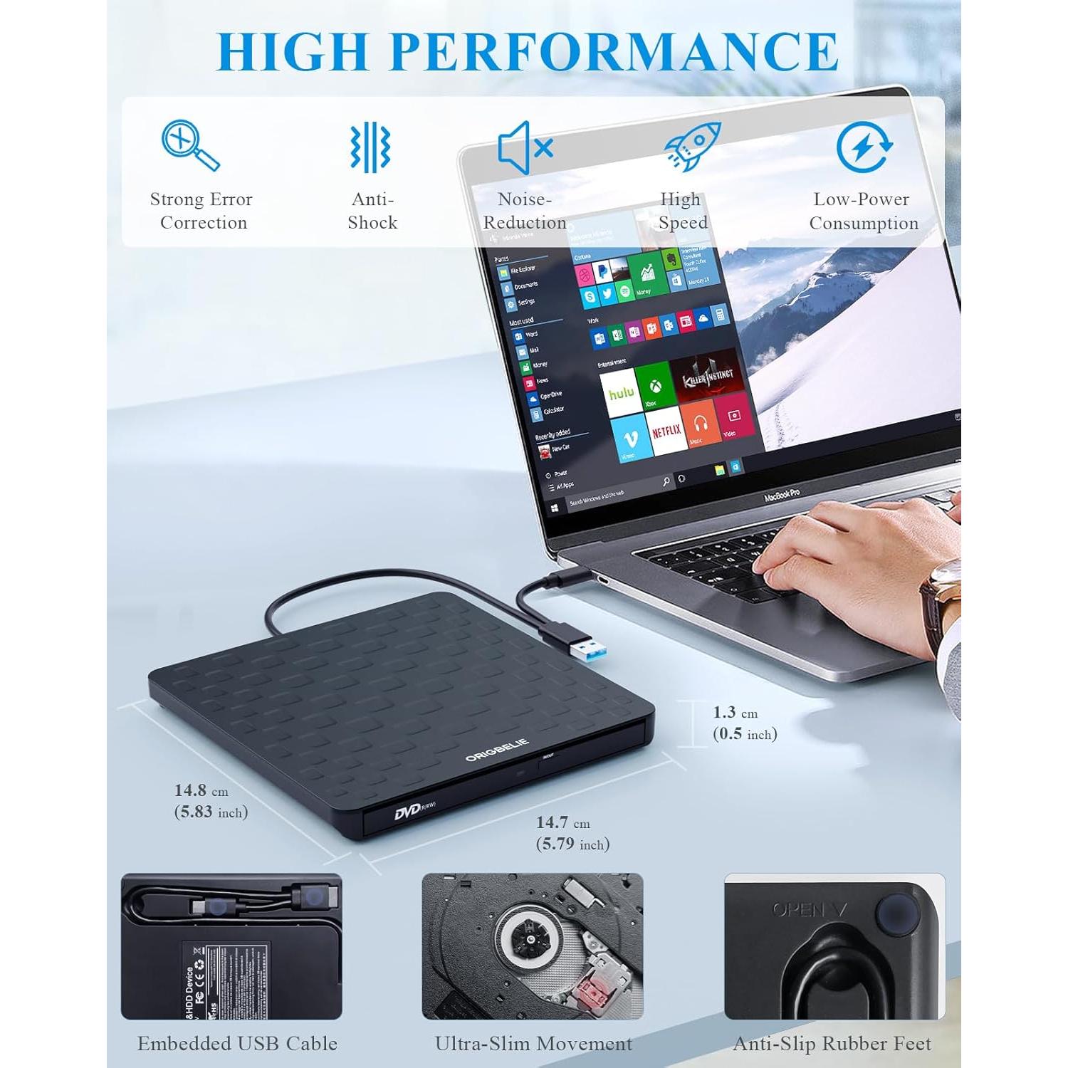 External CD DVD Drive for Laptop, USB 3.0 Type-C Ultra Slim 13mm DVD Player Portable CD DVD +/-RW Drive CD Burner Reader Writer Recorder for Desktop PC Windows 11/10/8/7 Linux Mac OS (Black)