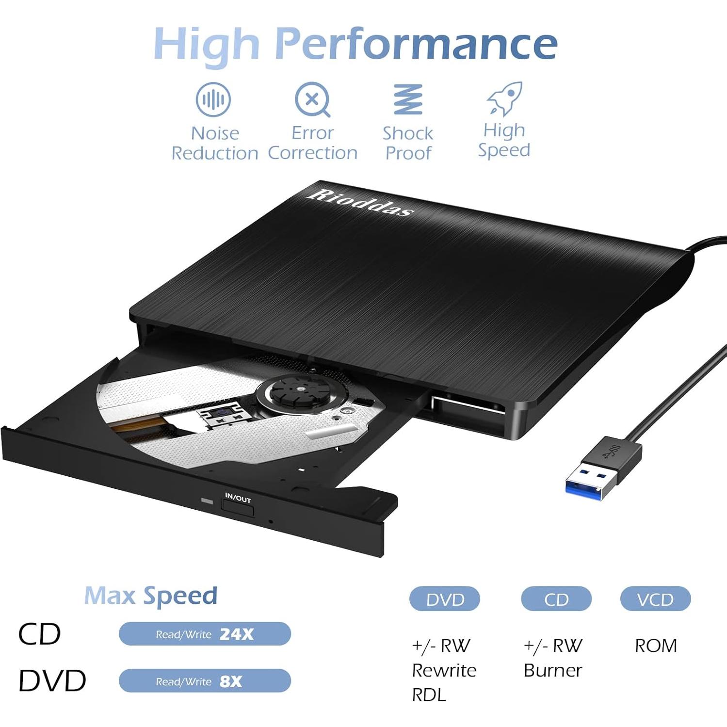 Unidad Externa de CD/DVD Rioddas USB 3.0 16.5x16.3cm