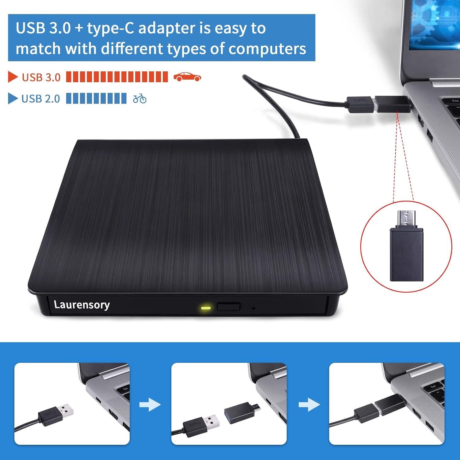 External DVD Drive USB 3.0 Type-C USB Portable Player for Laptop CD DVD +/-RW Disk Drive CD ROM Burner Writer CD/DVD Burner Reader Compatible with Desktop Windows Linux OS Apple MacBook