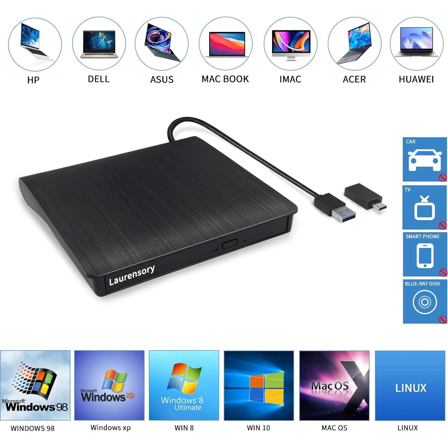 External DVD Drive USB 3.0 Type-C USB Portable Player for Laptop CD DVD +/-RW Disk Drive CD ROM Burner Writer CD/DVD Burner Reader Compatible with Desktop Windows Linux OS Apple MacBook