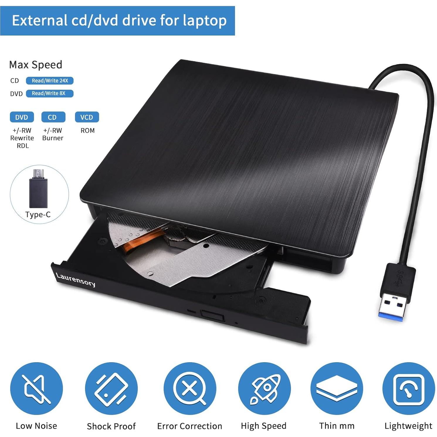 External DVD Drive USB 3.0 Type-C USB Portable Player for Laptop CD DVD +/-RW Disk Drive CD ROM Burner Writer CD/DVD Burner Reader Compatible with Desktop Windows Linux OS Apple MacBook