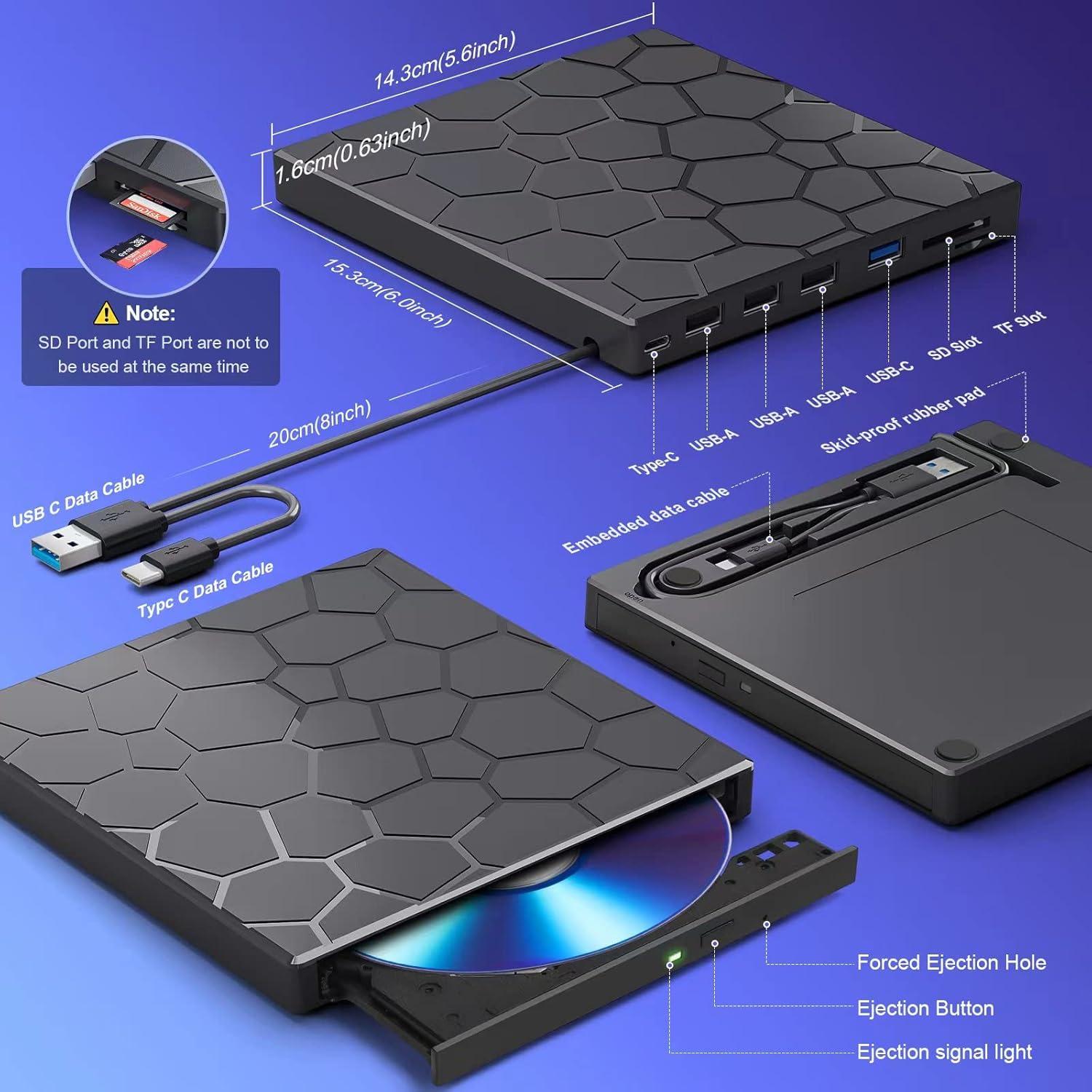 Unidad Externa de CD/DVD BPAKDU 8 en 1 USB 3.0 Negra