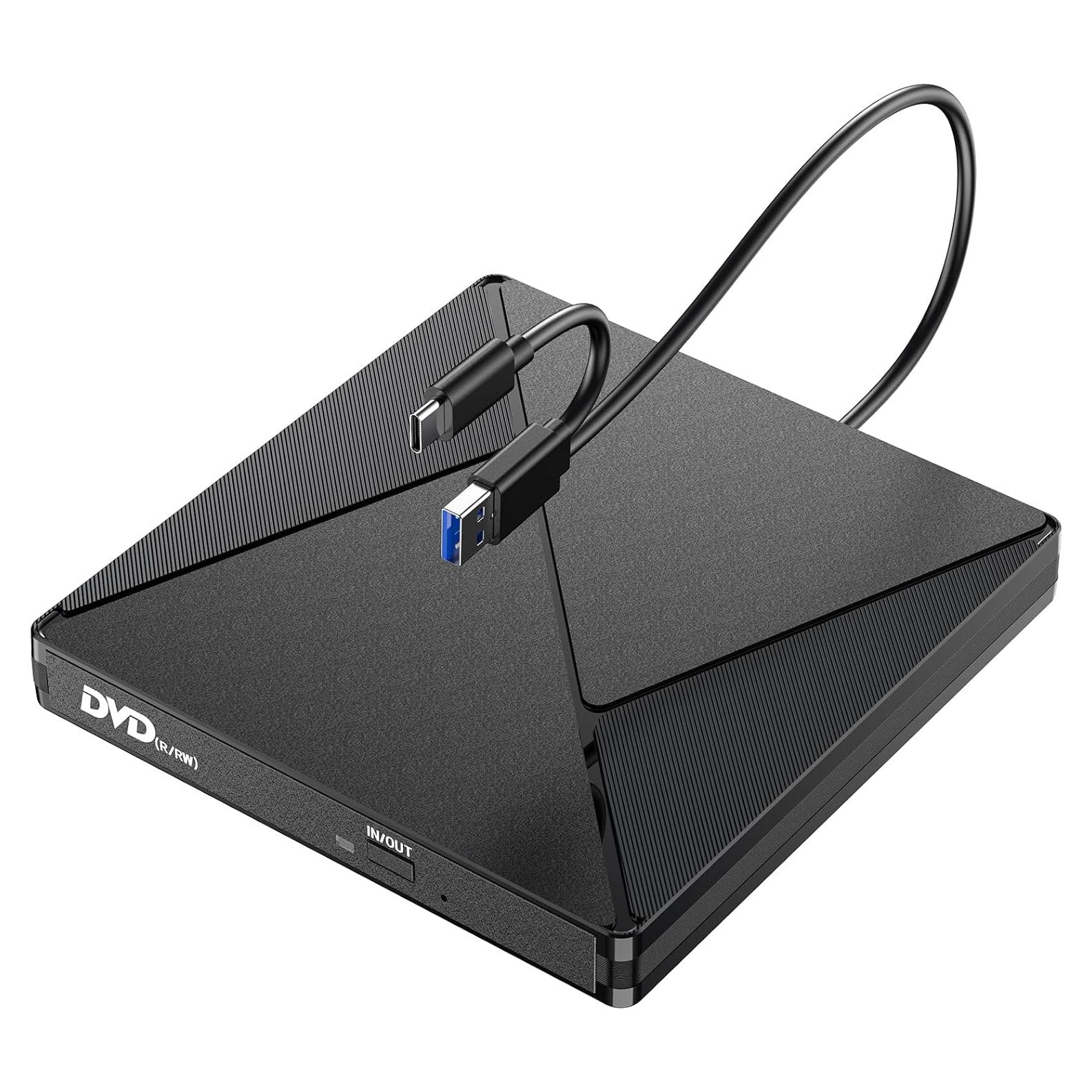 DVD Player for Laptop, External CD Drive for Mac, USB 3.0 USB C Portable CD Burner External Disk Drive, DVD Reader Writer ROM Drive Compatible with Laptop Desktop Mac,Windows 10/8/7 Linux