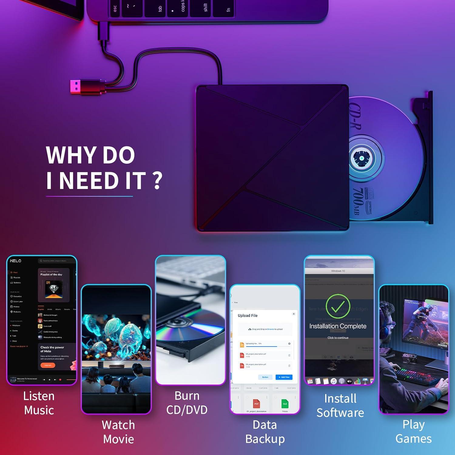 DVD Player for Laptop, External CD Drive for Mac, USB 3.0 USB C Portable CD Burner External Disk Drive, DVD Reader Writer ROM Drive Compatible with Laptop Desktop Mac,Windows 10/8/7 Linux