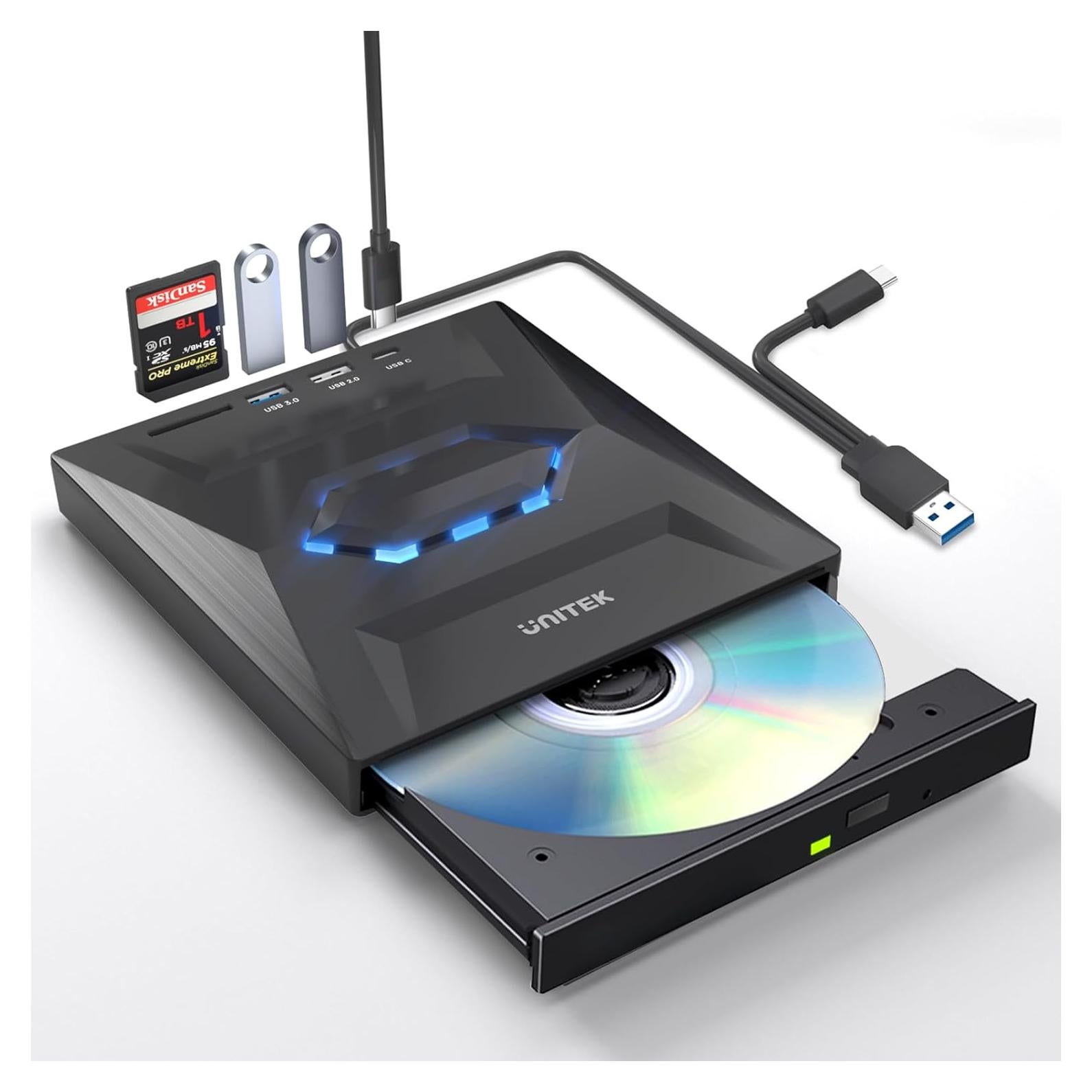 Unidad Externa de CD/DVD Unitek T037A USB 3.0 y C, Negro