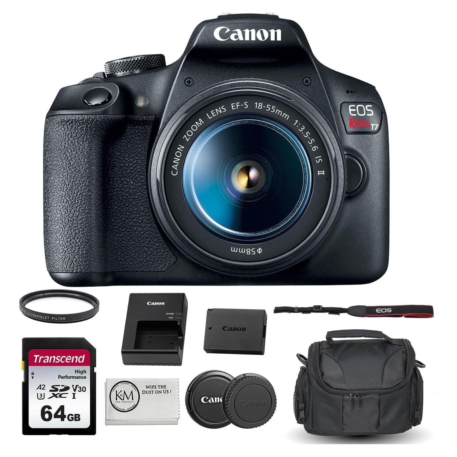 Canon EOS Rebel T7 DSLR Camera with 18-55mm Lens Bundled with 64GB Memory Card + Camera Bag + 58mm UV Filter + Microfiber Cleaning Cloth (5 Items)