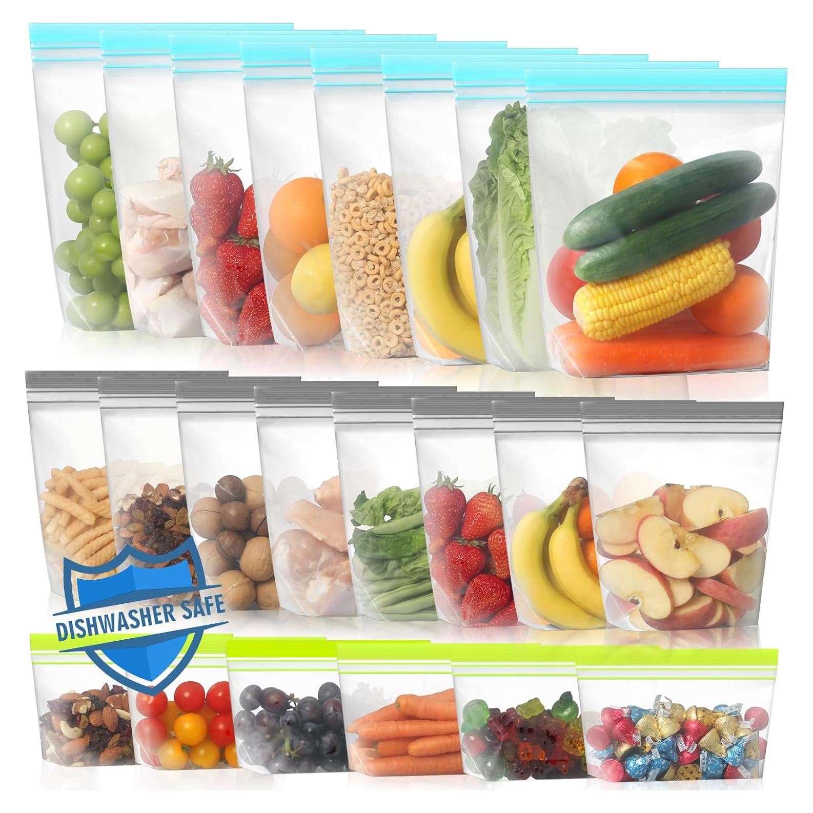 Lerine 22 Pack Reusable Freezer Bags Dishwasher Microwave Safe, Stand Up BPA Free Reusable Sandwich Bags, Silicone Free Leakproof Food Storage Bags for Meal Prep - 8Gallon 8Sandwich 6Snack