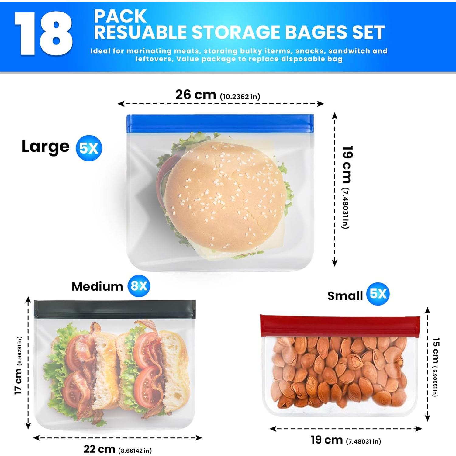 Paquete de 18 Bolsas de Almacenamiento Reutilizables PEVA