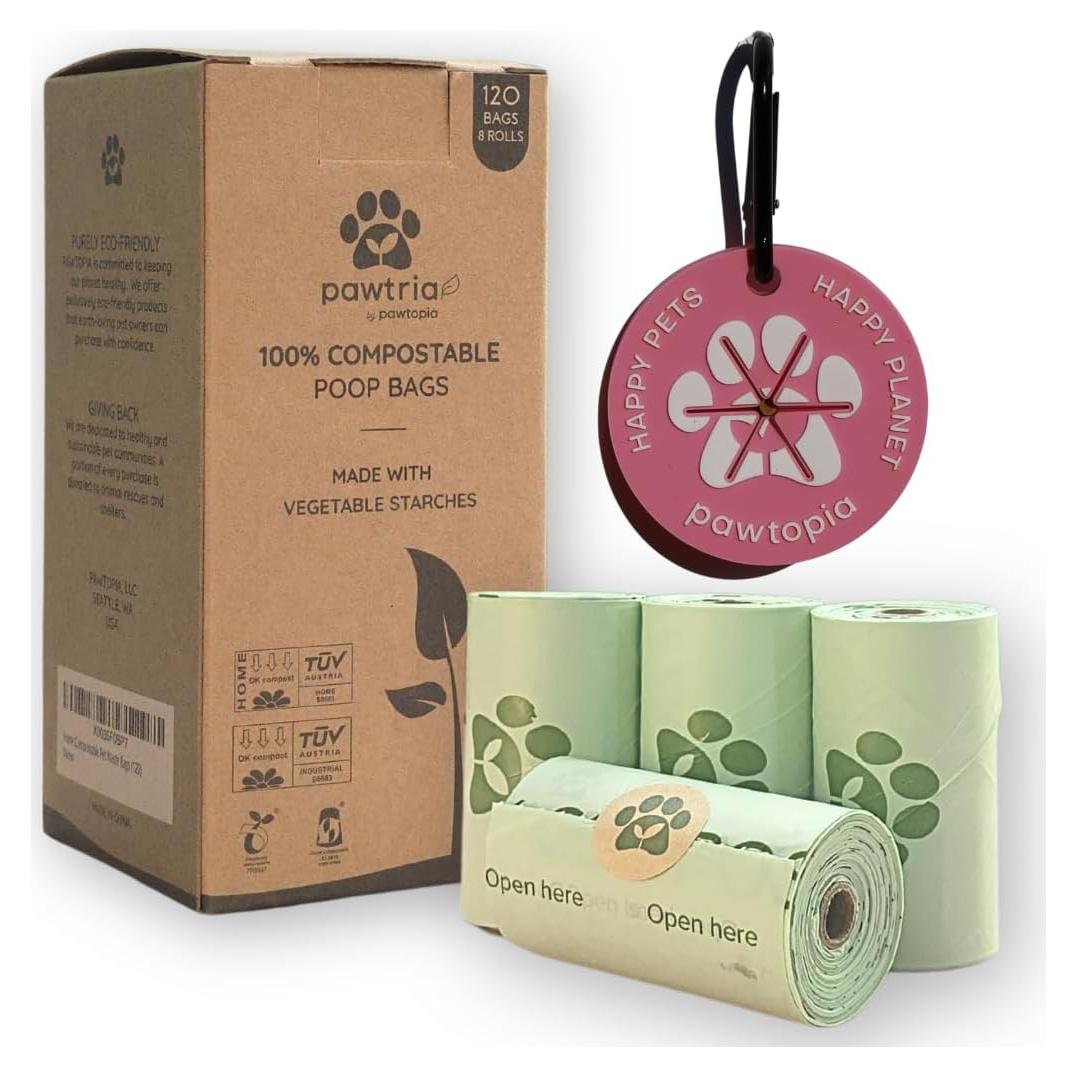 Bolsas de Poop Compostables Pawtopia 120 Unidades + Portabolsas