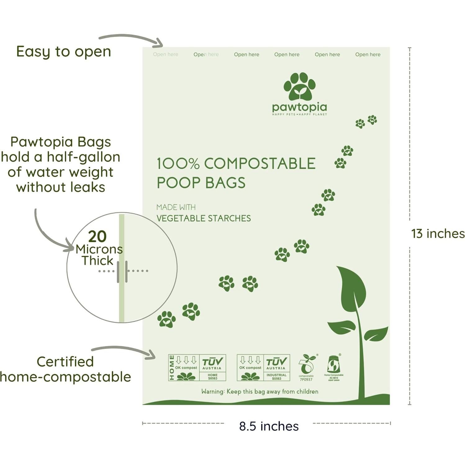 Bolsas de Poop Compostables Pawtopia 120 Unidades + Portabolsas