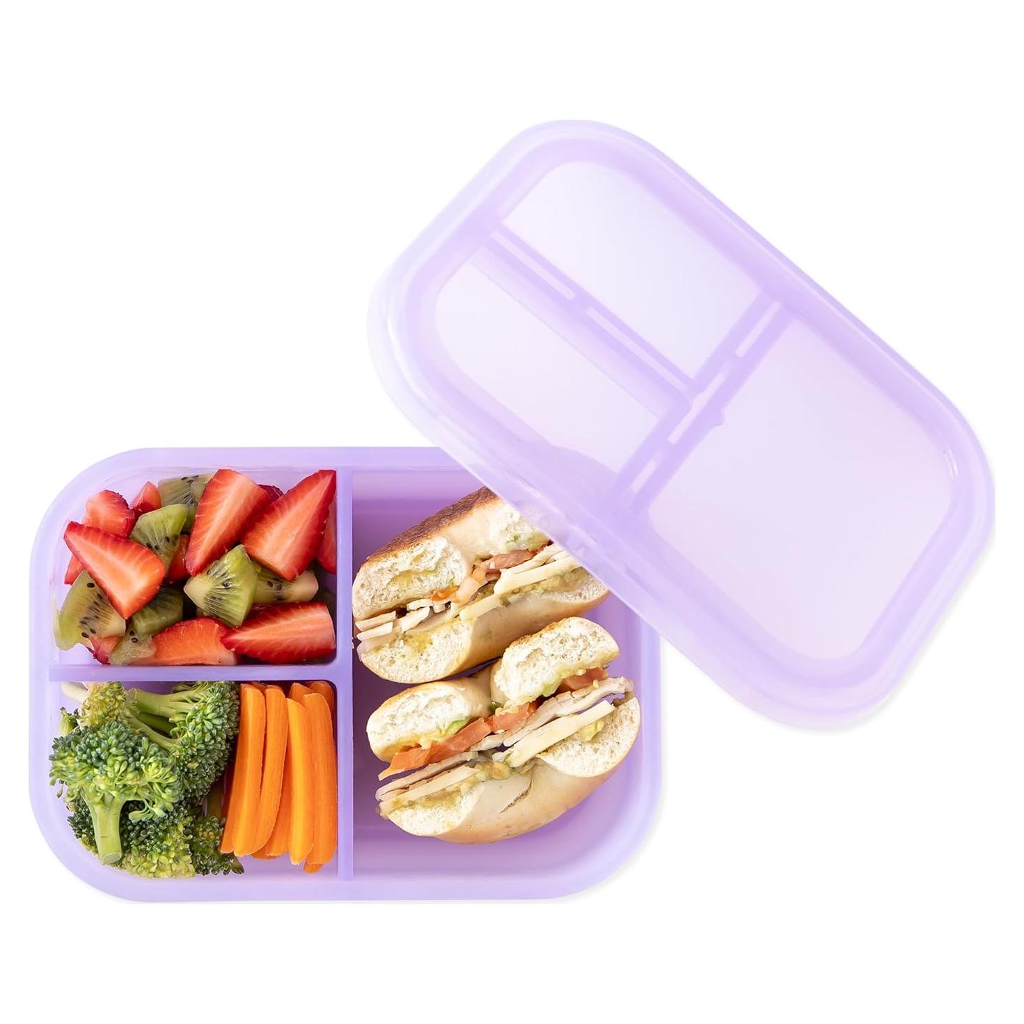 Bumkins Snack/Lunch Bento Box for Kids and Adults, 3 Compartment Container, Leak Proof Lid, for Portioning, Large Section Can Hold Sandwich, Food-Safe LFGB Platinum Silicone, Microwave-Safe, Purple