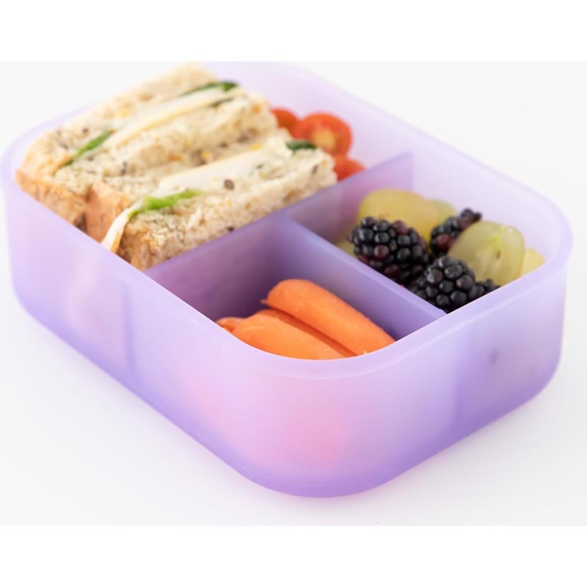 Bumkins Snack/Lunch Bento Box for Kids and Adults, 3 Compartment Container, Leak Proof Lid, for Portioning, Large Section Can Hold Sandwich, Food-Safe LFGB Platinum Silicone, Microwave-Safe, Purple