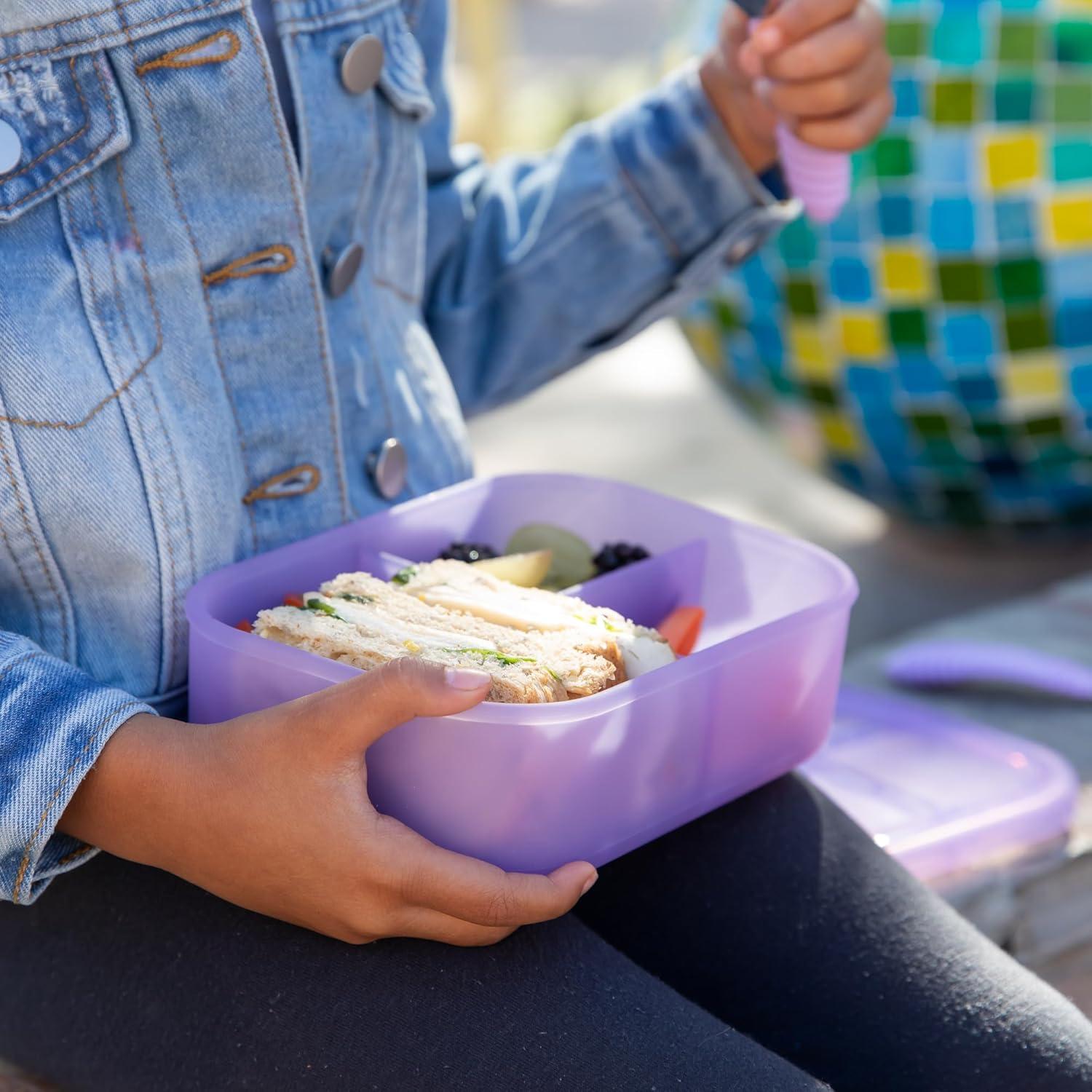 Bumkins Snack/Lunch Bento Box for Kids and Adults, 3 Compartment Container, Leak Proof Lid, for Portioning, Large Section Can Hold Sandwich, Food-Safe LFGB Platinum Silicone, Microwave-Safe, Purple