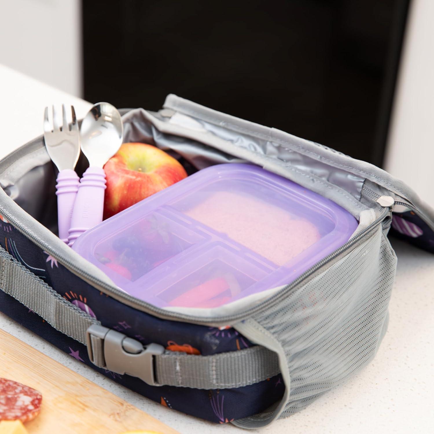 Bumkins Snack/Lunch Bento Box for Kids and Adults, 3 Compartment Container, Leak Proof Lid, for Portioning, Large Section Can Hold Sandwich, Food-Safe LFGB Platinum Silicone, Microwave-Safe, Purple