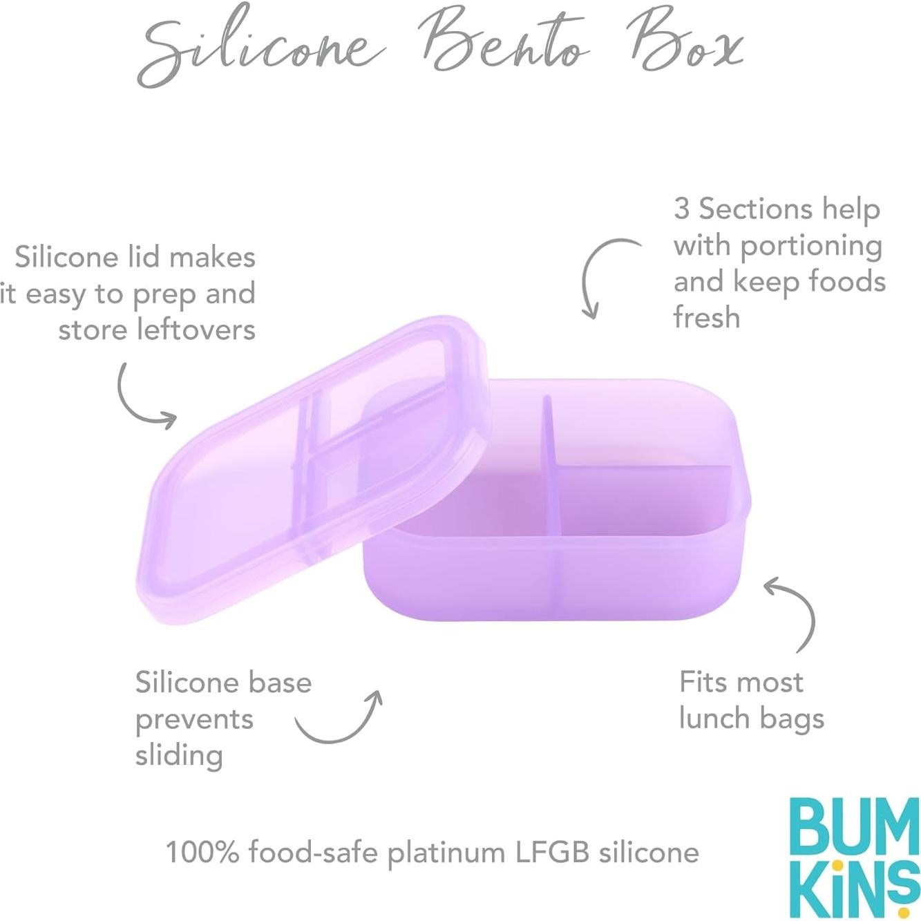 Bumkins Snack/Lunch Bento Box for Kids and Adults, 3 Compartment Container, Leak Proof Lid, for Portioning, Large Section Can Hold Sandwich, Food-Safe LFGB Platinum Silicone, Microwave-Safe, Purple