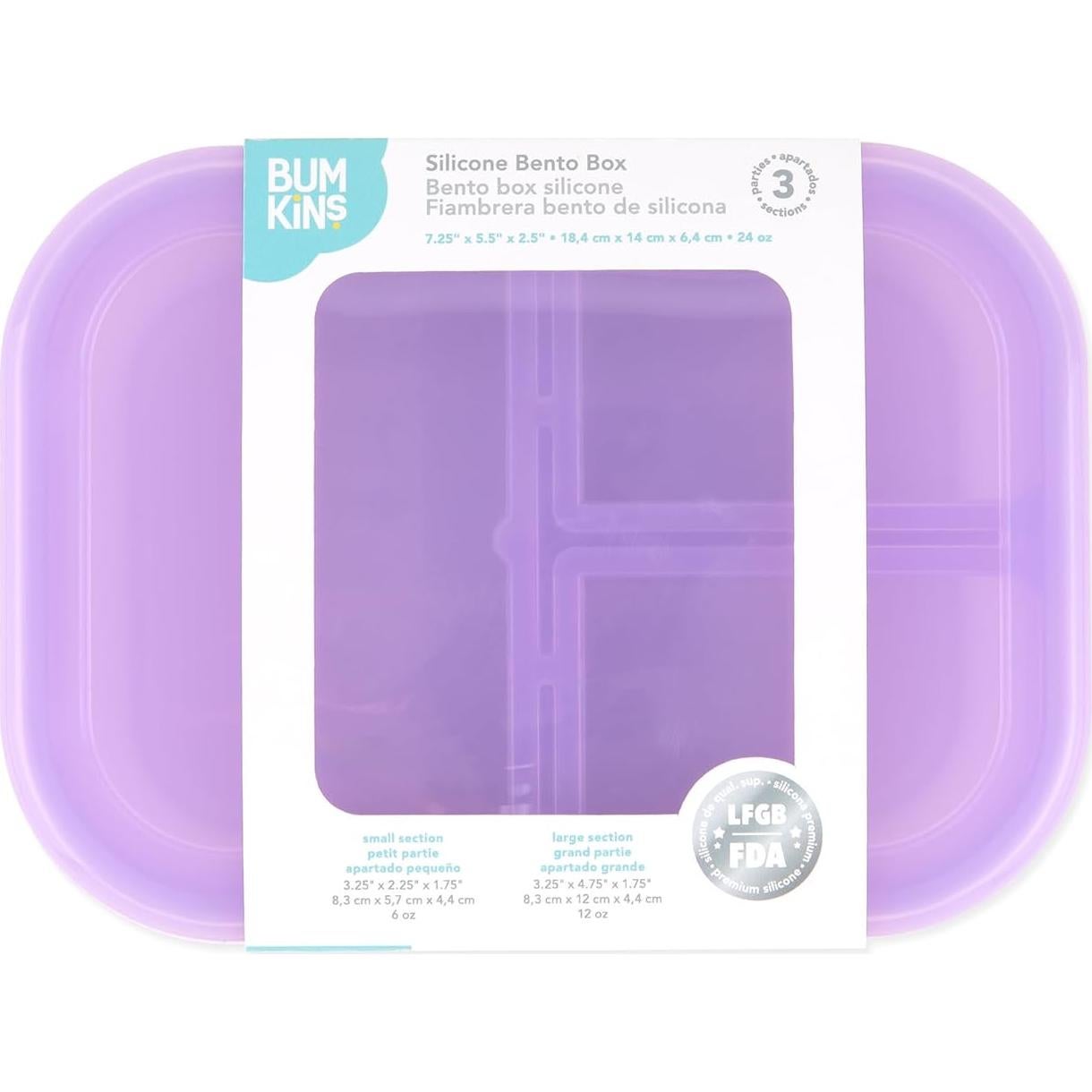 Bumkins Snack/Lunch Bento Box for Kids and Adults, 3 Compartment Container, Leak Proof Lid, for Portioning, Large Section Can Hold Sandwich, Food-Safe LFGB Platinum Silicone, Microwave-Safe, Purple