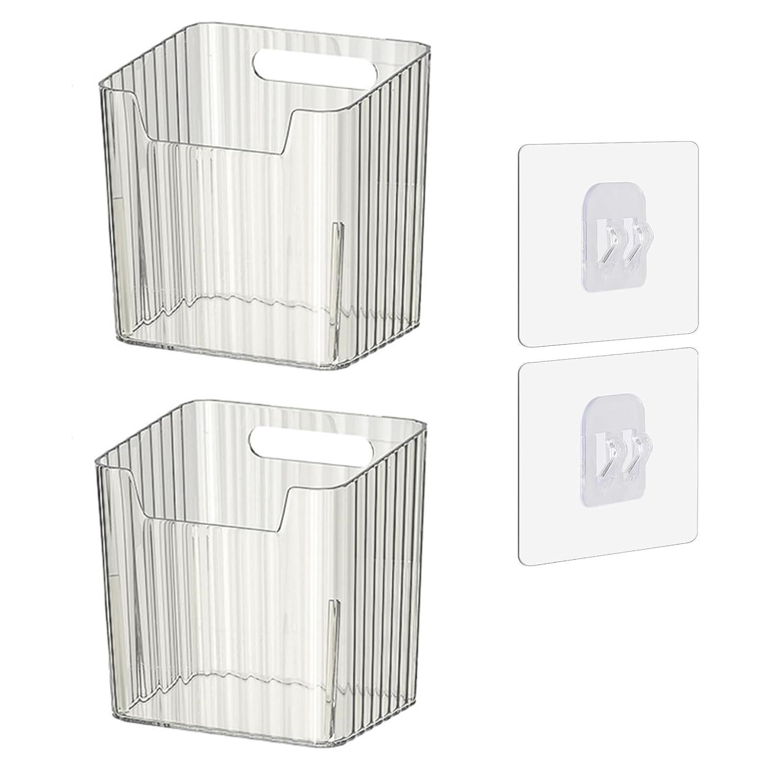 Set of 2 Storage Organizer Bins Wall Mounted Floating Shelves Fridge Organizer Stackable Clear Plastic Storage Bins for Wall, Refrigerator, Kitchen, Bathroom, Countertops, Pantry, BPA Free (Clear)