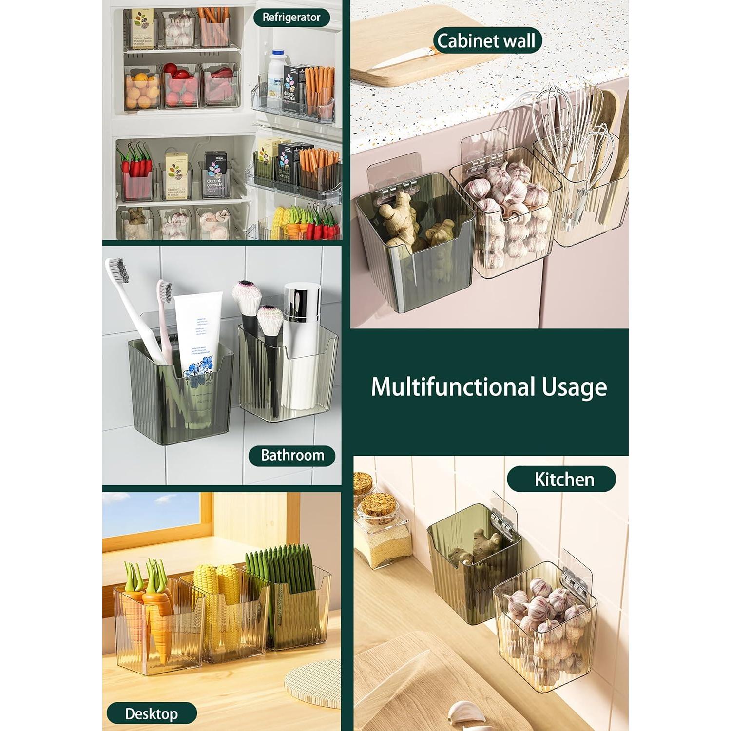 Set of 2 Storage Organizer Bins Wall Mounted Floating Shelves Fridge Organizer Stackable Clear Plastic Storage Bins for Wall, Refrigerator, Kitchen, Bathroom, Countertops, Pantry, BPA Free (Clear)