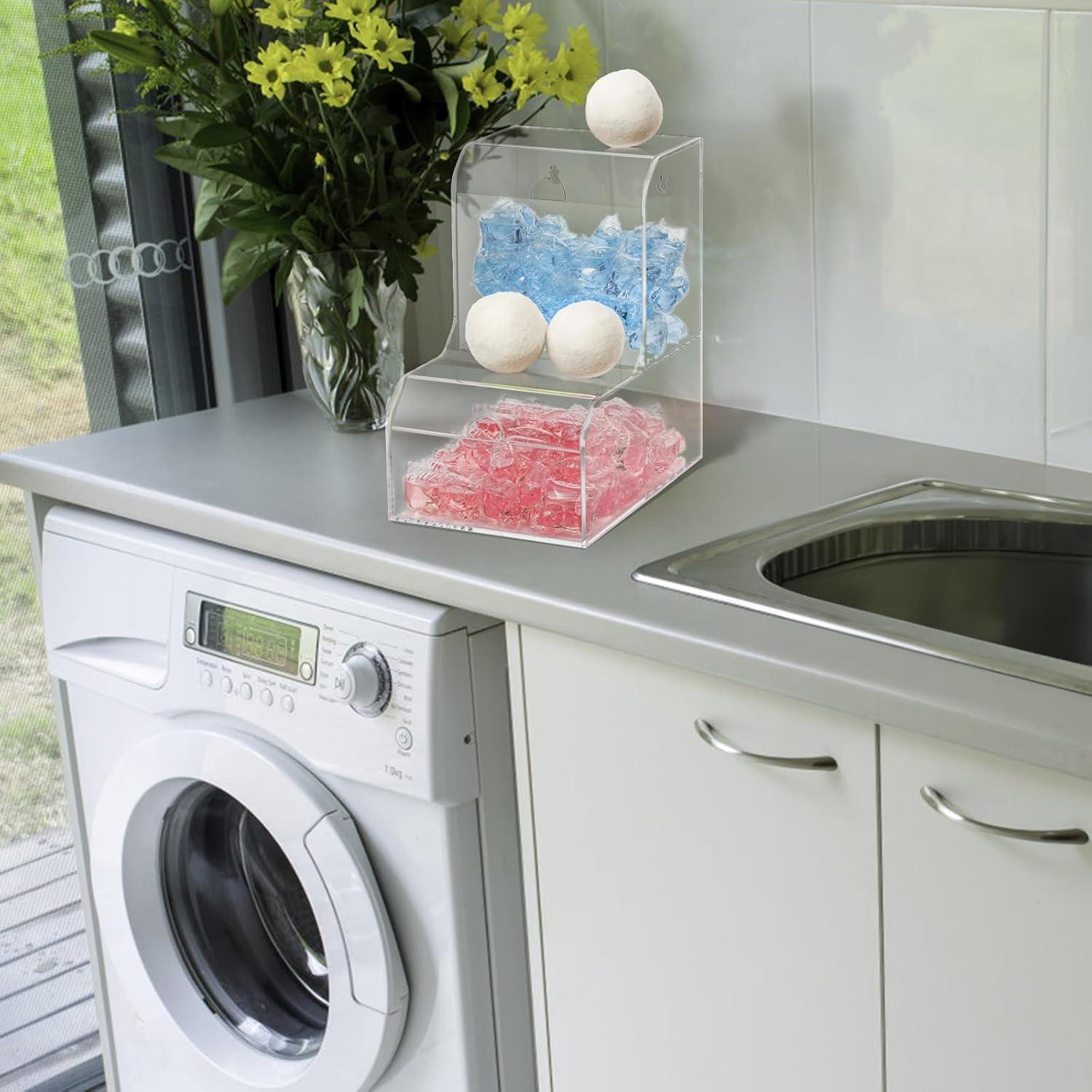 TOPZEA Laundry Pods Container, Wall Mounted Acrylic Candy Snack Dispenser Bin with Hinged Lids, Dishwasher Pod & Sponge Holder Stackable Storage Box for Coffee Bar, Kitchen & Laundry Room Organization