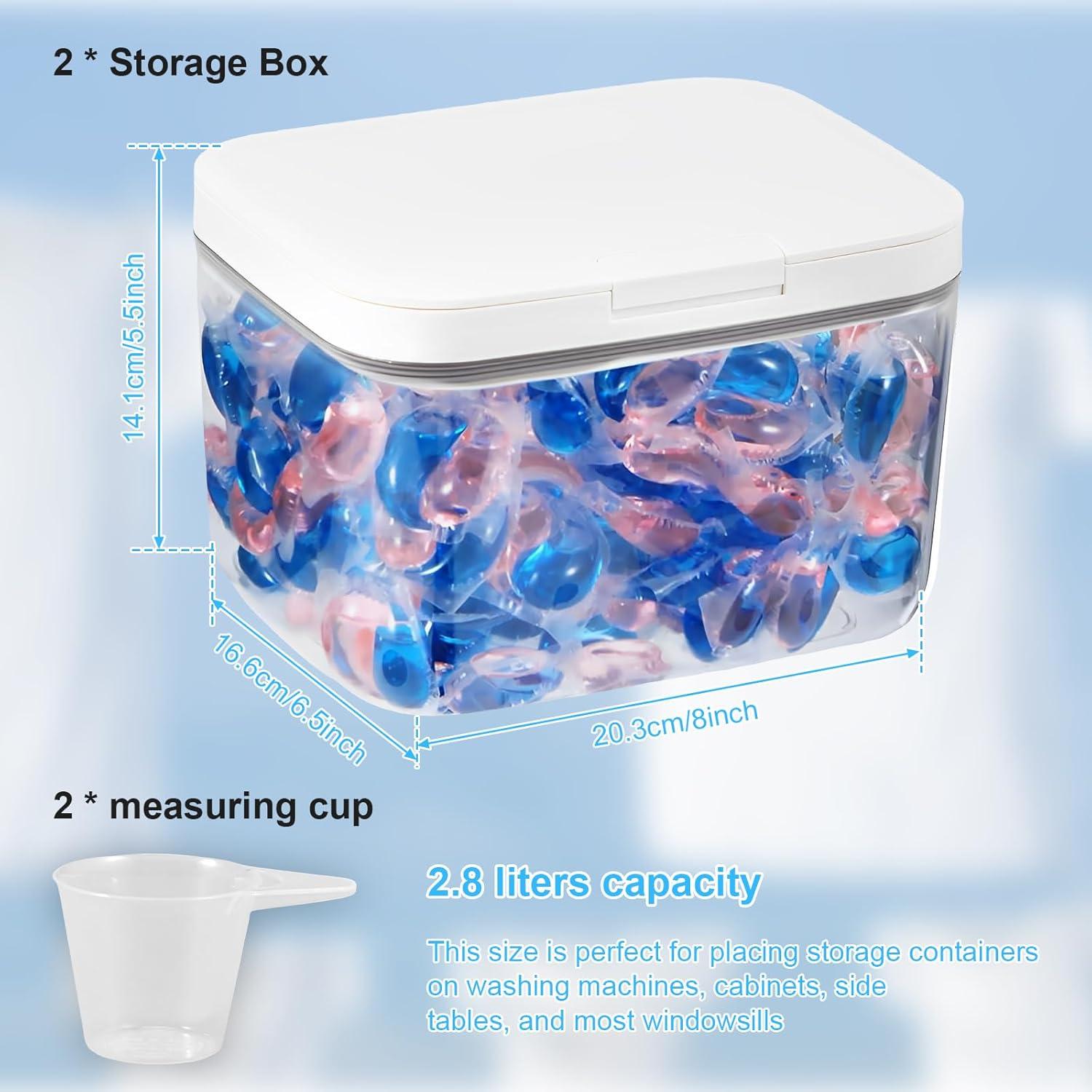 2 Pcs Laundry Pods Container, Press Automatic Pop Up Dishwasher Pod Holder, Large Capacity 2.8L Laundry Pods Container, Sealed Laundry Pods Case with Measuring Cup for Laundry Room Cute Storage Jars