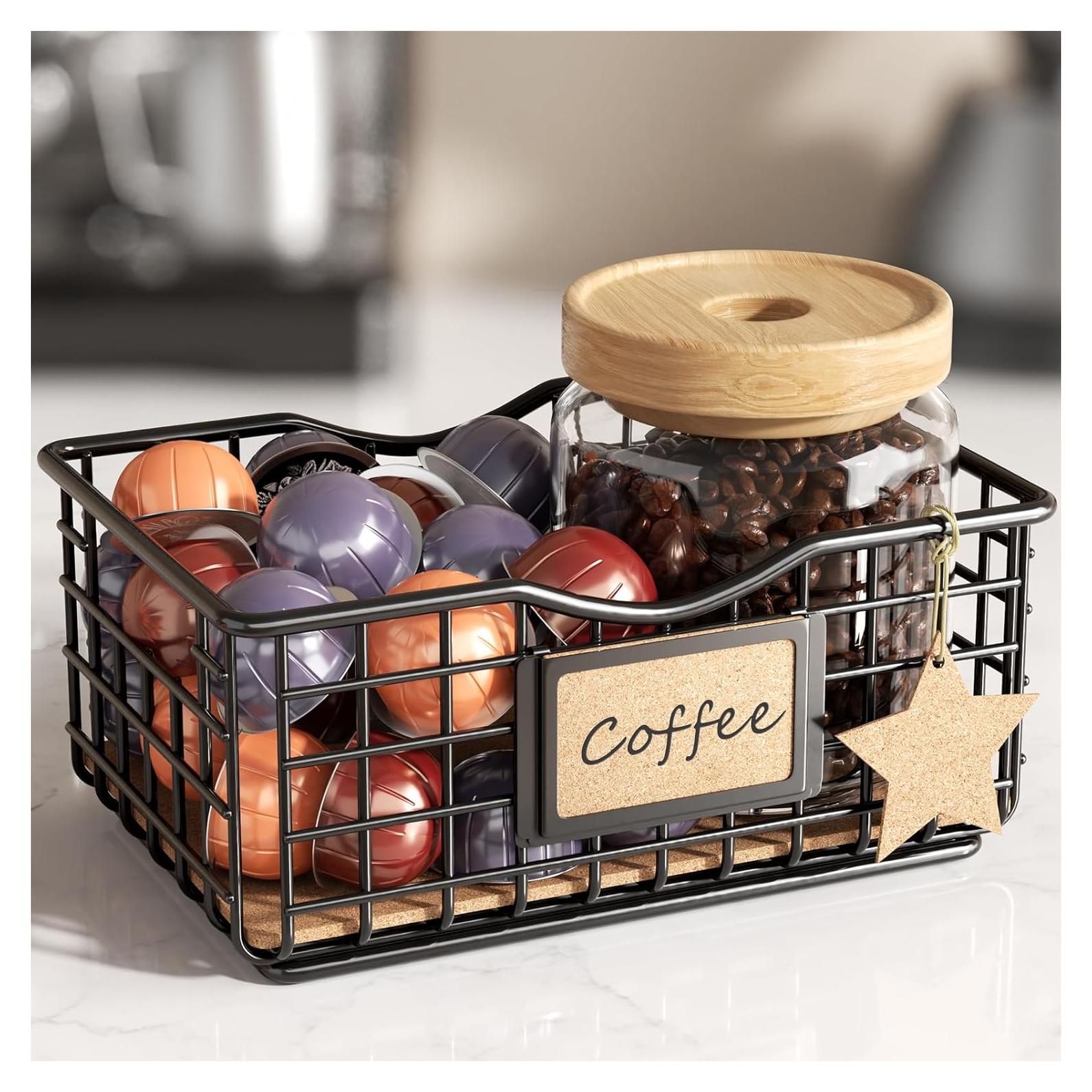 Organizador de cápsulas de café Qcold - Cesta de metal con forro de corcho
