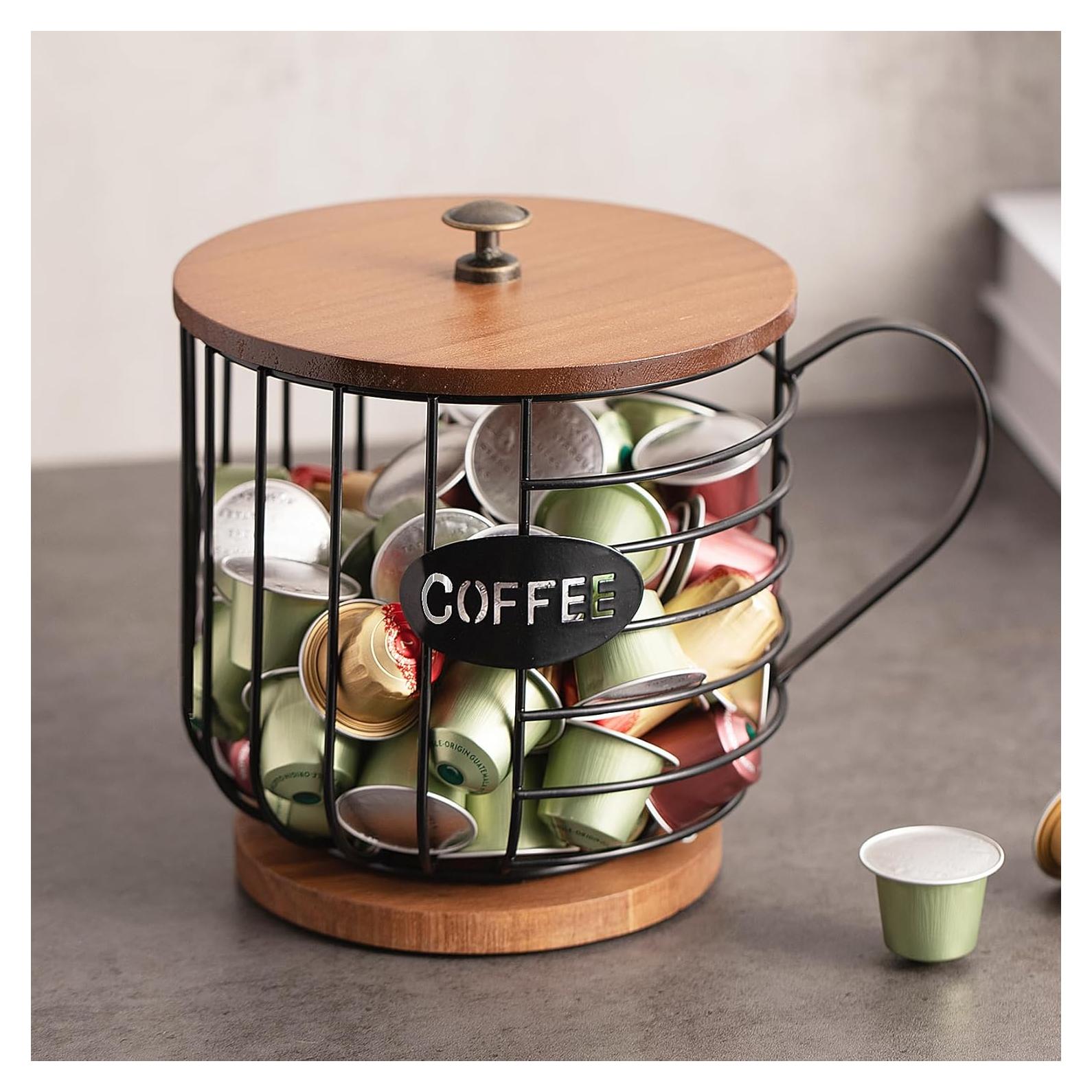 Rustic Coffee Pod Holder - Large Capacity Black Wire K cup Storage with Wooden Lid - Round Coffee Basket Decor for Kitchen Countertop for Pods & Espresso Capsules (Cup shape)
