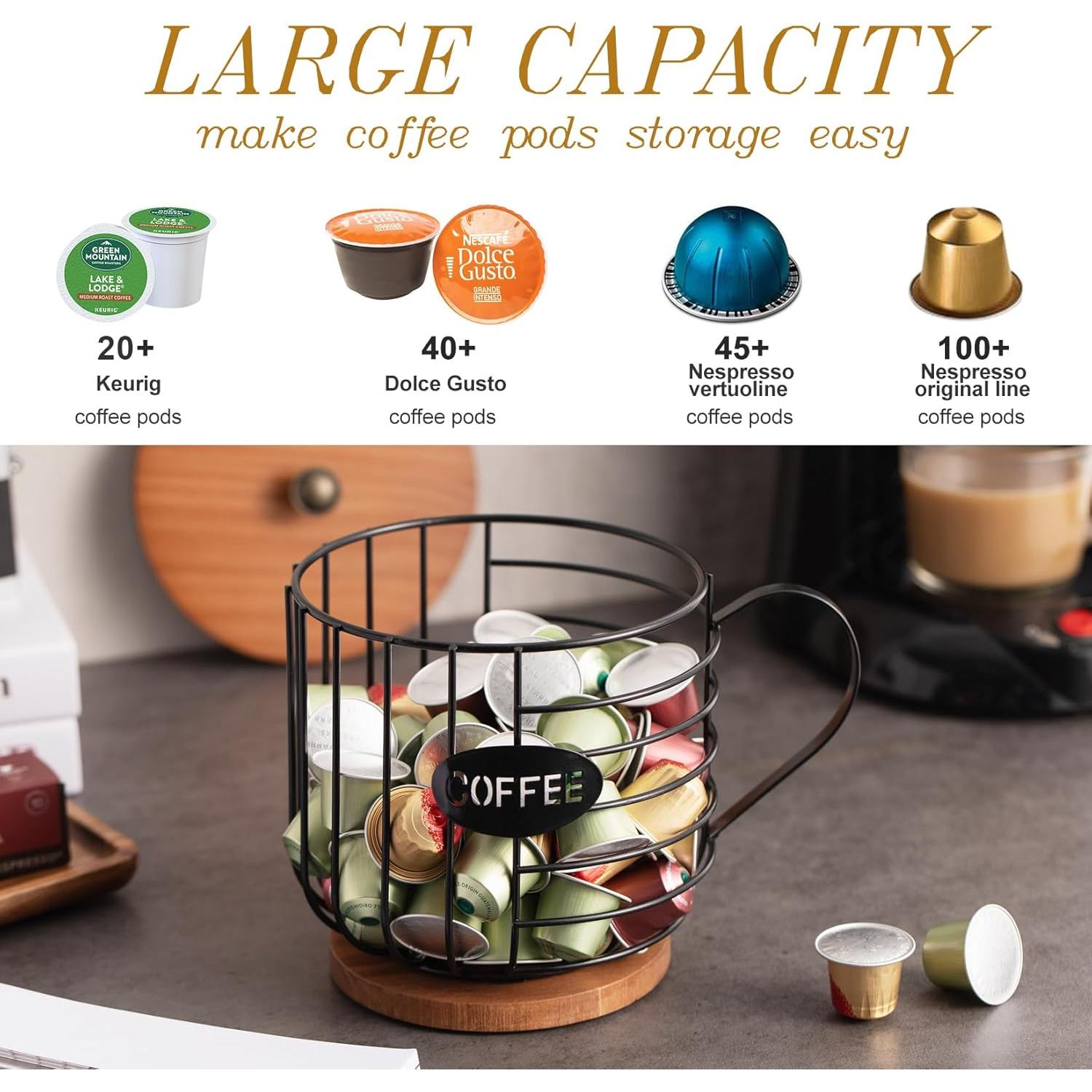 Rustic Coffee Pod Holder - Large Capacity Black Wire K cup Storage with Wooden Lid - Round Coffee Basket Decor for Kitchen Countertop for Pods & Espresso Capsules (Cup shape)
