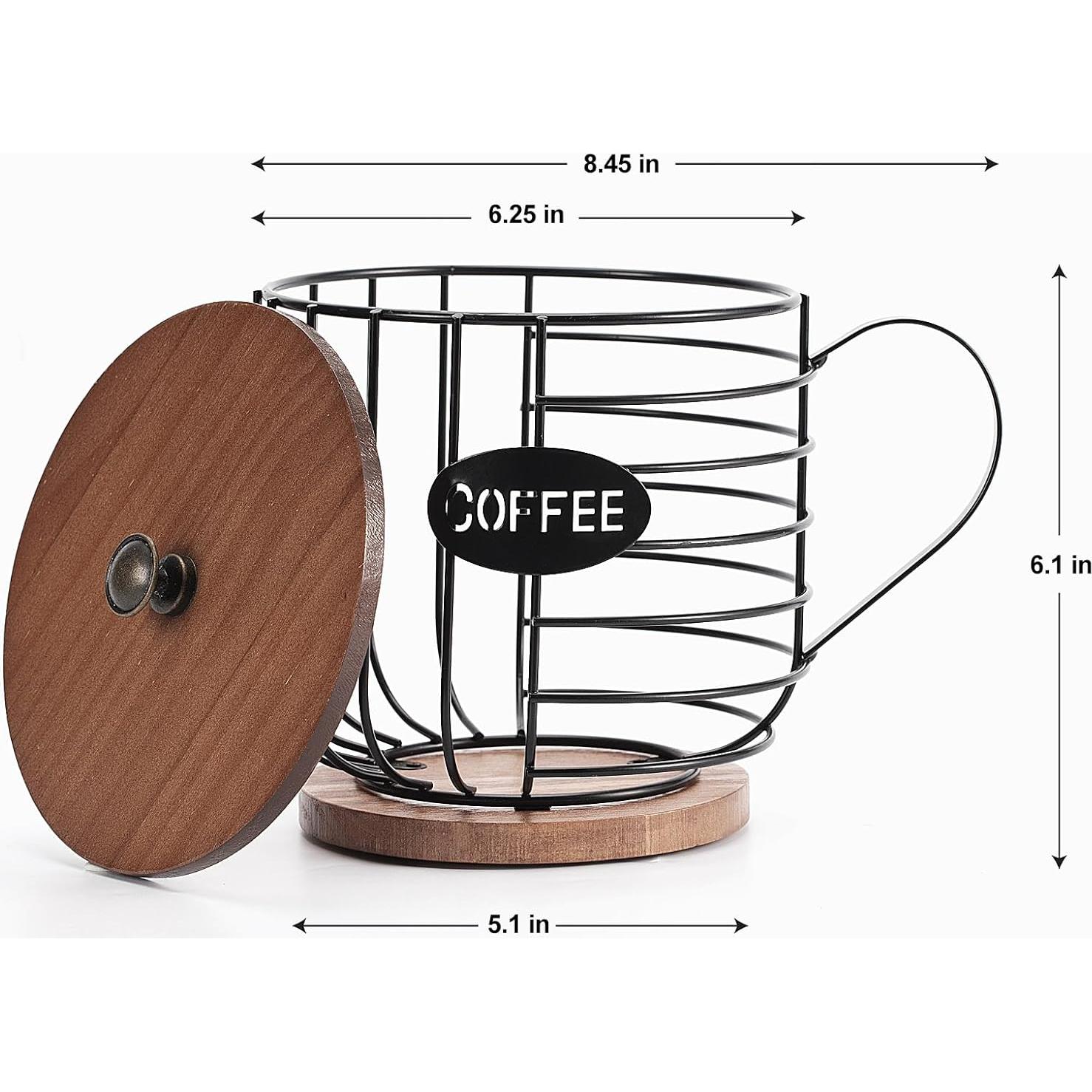 Rustic Coffee Pod Holder - Large Capacity Black Wire K cup Storage with Wooden Lid - Round Coffee Basket Decor for Kitchen Countertop for Pods & Espresso Capsules (Cup shape)