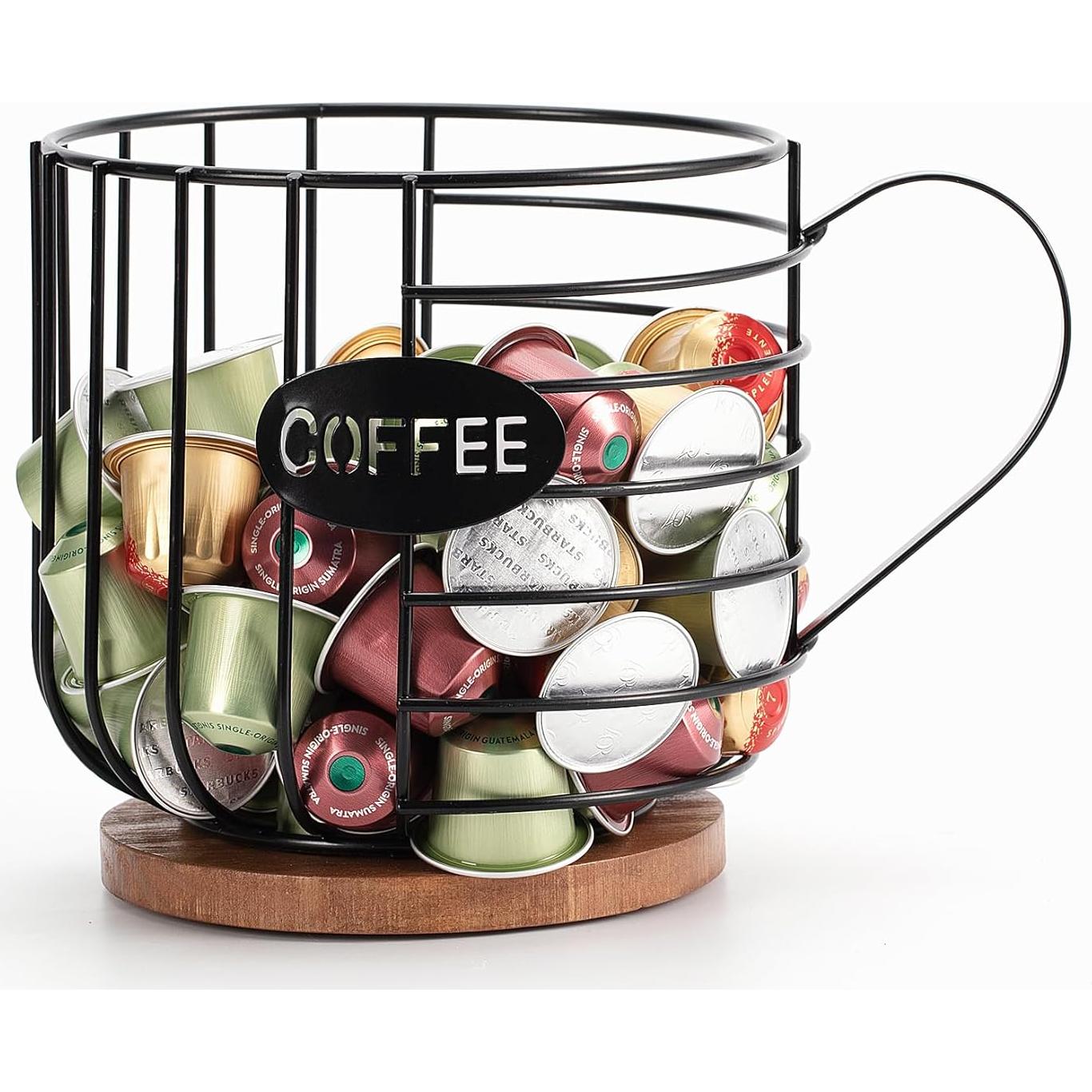 Rustic Coffee Pod Holder - Large Capacity Black Wire K cup Storage with Wooden Lid - Round Coffee Basket Decor for Kitchen Countertop for Pods & Espresso Capsules (Cup shape)