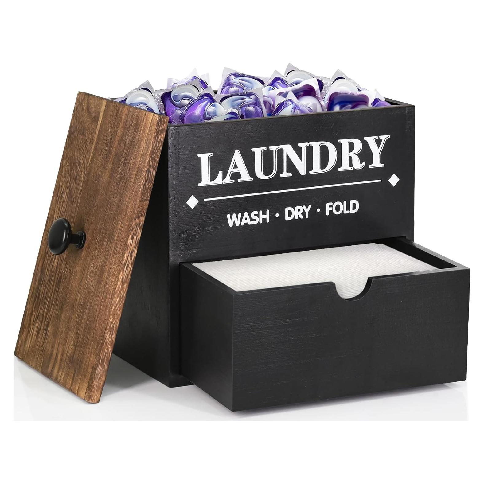 Dryer Sheet Holder with Drawer and Lid, Wood Dryer Sheet Dispenser and Laundry Pods Container for Laundry Room Organization and Storage, Laundry Pod Holder Wall Mount for Laundry Room Decor (Black)