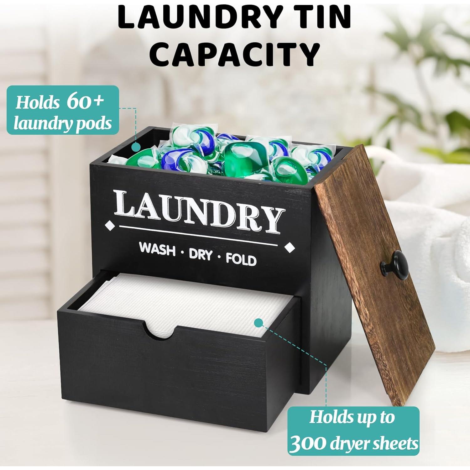 Dryer Sheet Holder with Drawer and Lid, Wood Dryer Sheet Dispenser and Laundry Pods Container for Laundry Room Organization and Storage, Laundry Pod Holder Wall Mount for Laundry Room Decor (Black)