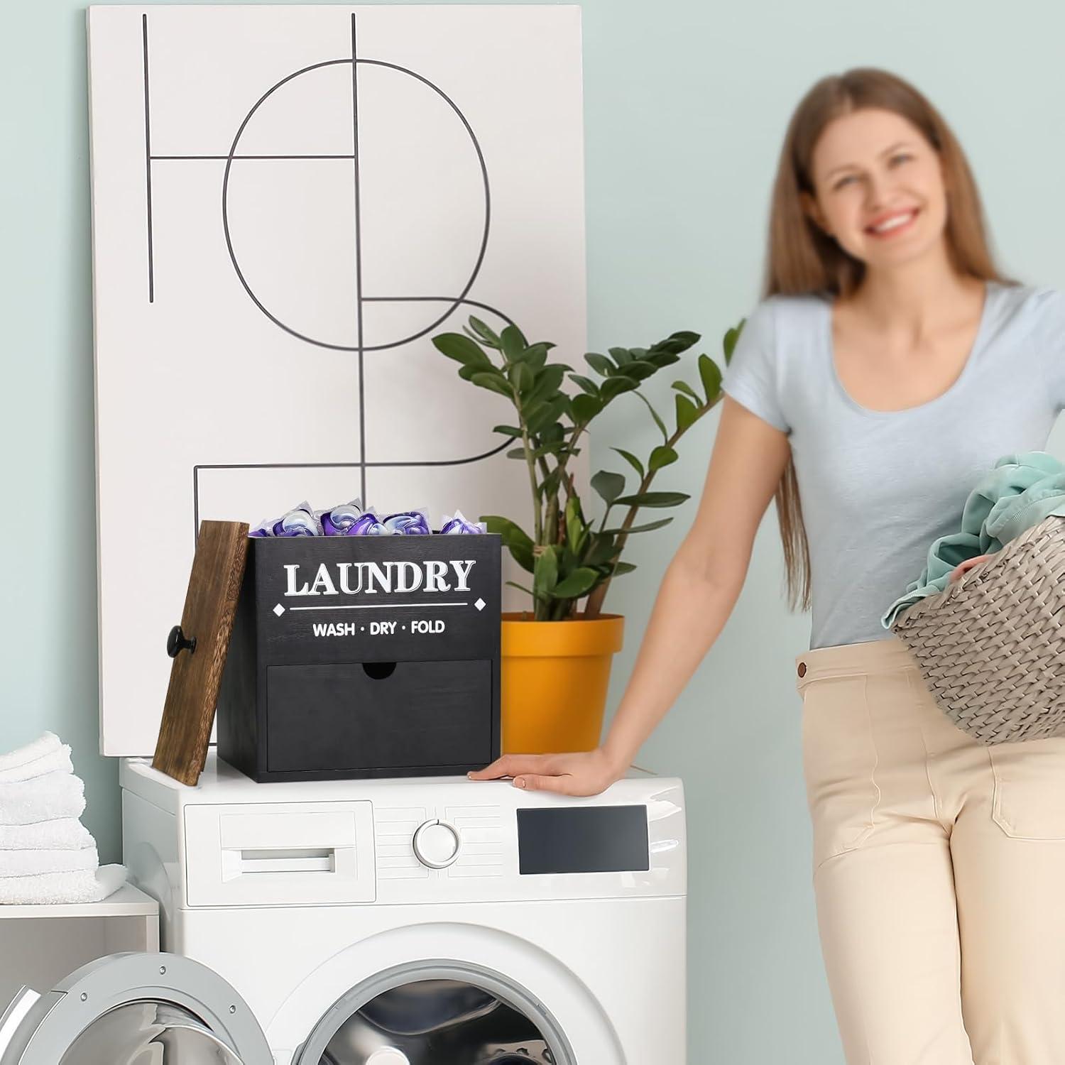 Dryer Sheet Holder with Drawer and Lid, Wood Dryer Sheet Dispenser and Laundry Pods Container for Laundry Room Organization and Storage, Laundry Pod Holder Wall Mount for Laundry Room Decor (Black)