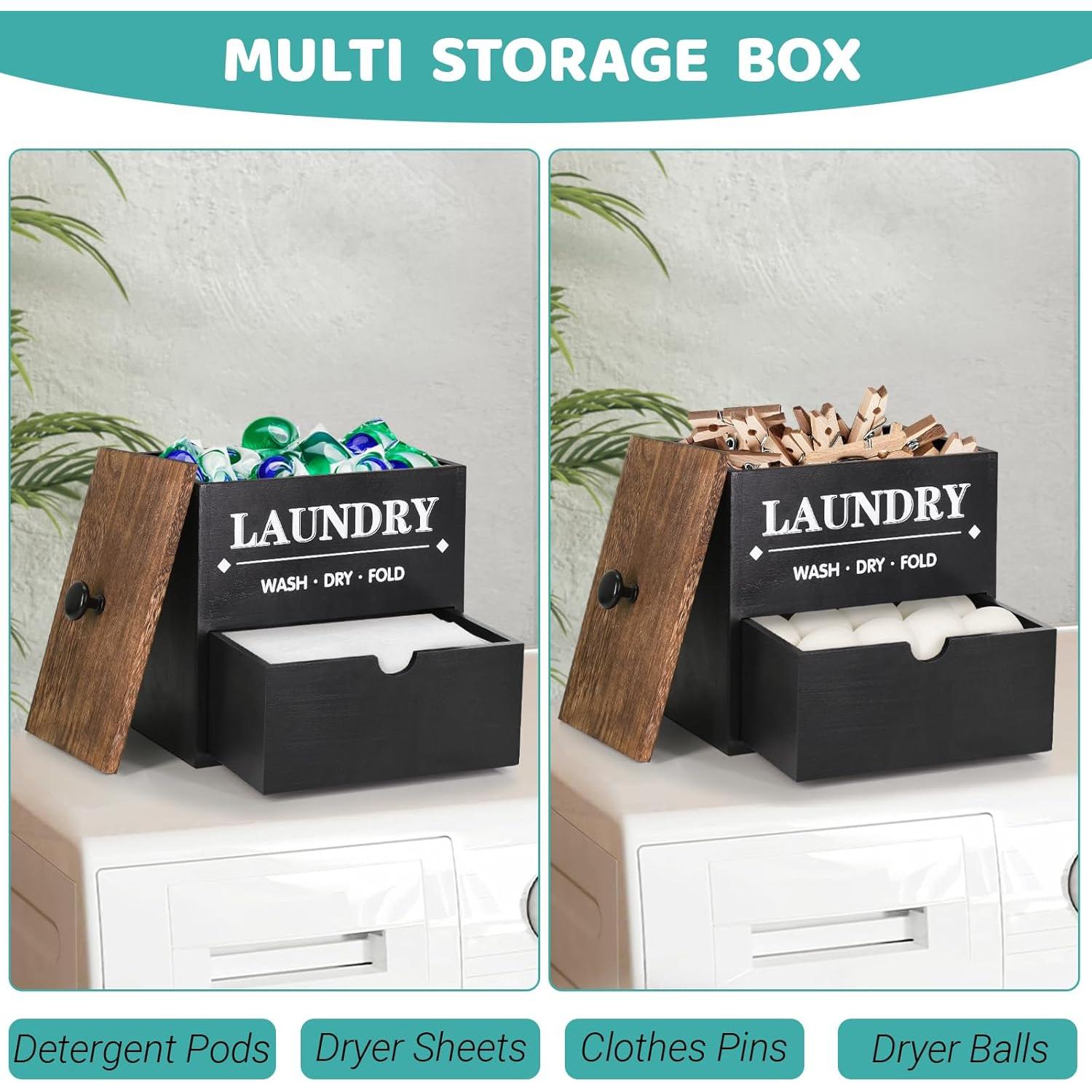 Dryer Sheet Holder with Drawer and Lid, Wood Dryer Sheet Dispenser and Laundry Pods Container for Laundry Room Organization and Storage, Laundry Pod Holder Wall Mount for Laundry Room Decor (Black)