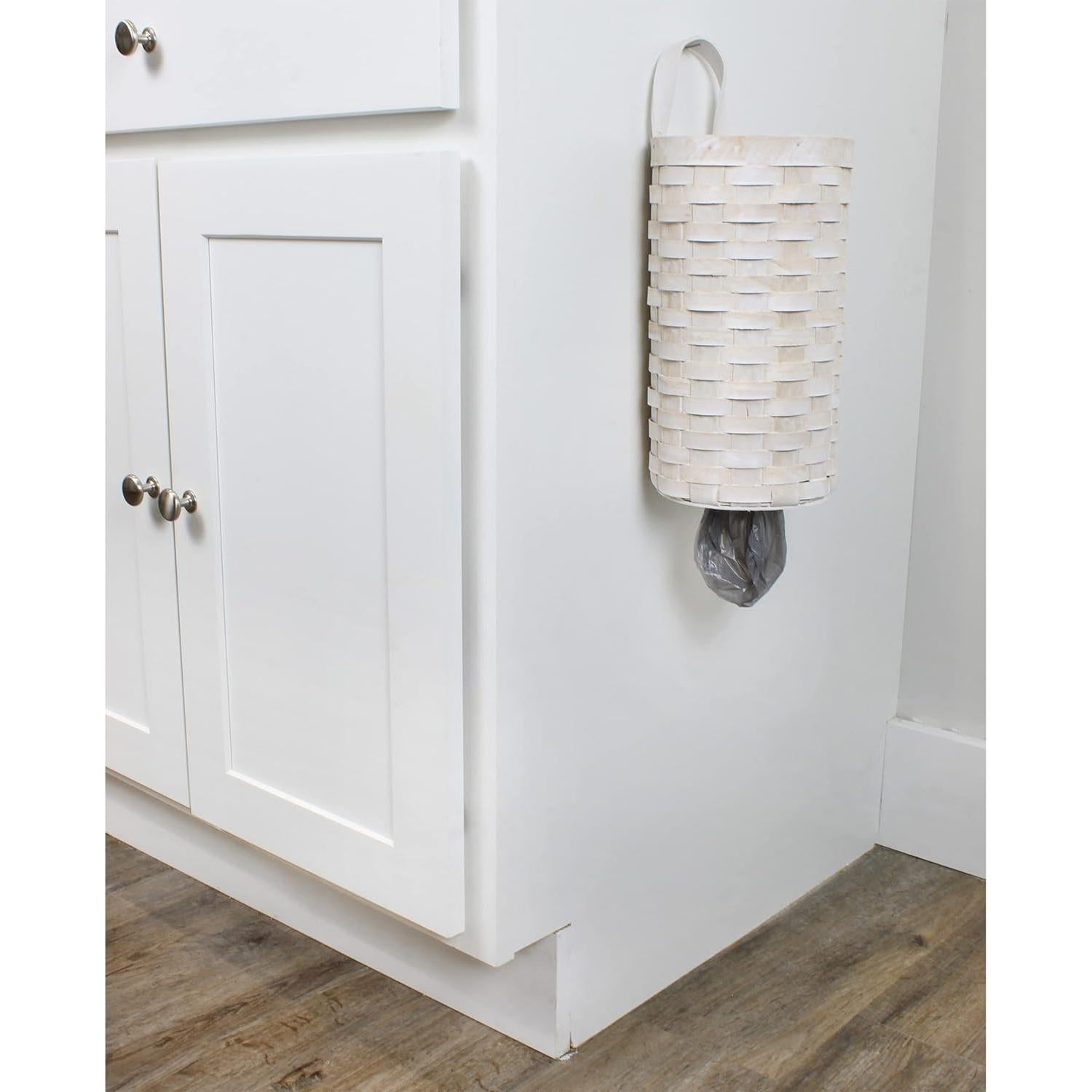 AuldHome Design Wicker Grocery Bag Holder (Whitewashed); Wall-Mounted Rustic Farmhouse Plastic Bag Dispenser for Kitchen or Laundry Room