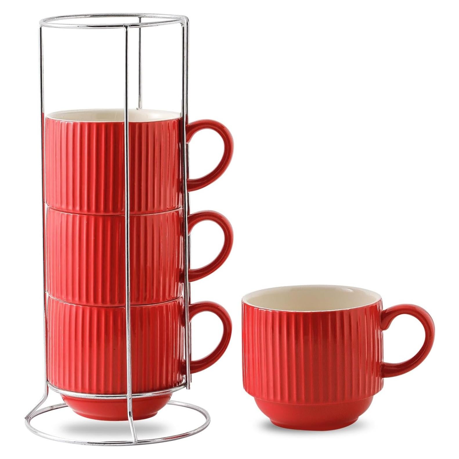 Juego de 4 Tazas de Café Rojas Hasense 15 oz Cerámica Apilables