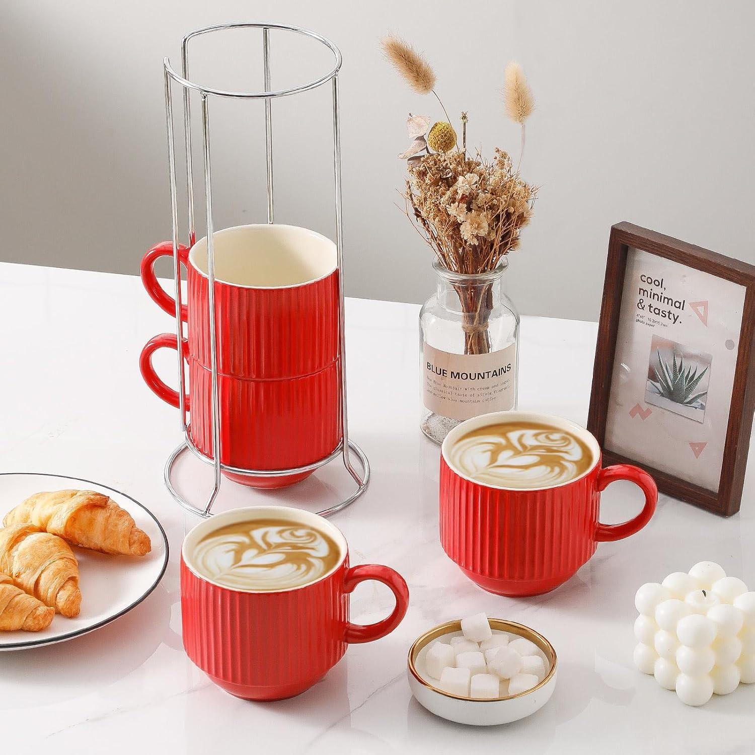 Juego de 4 Tazas de Café Rojas Hasense 15 oz Cerámica Apilables