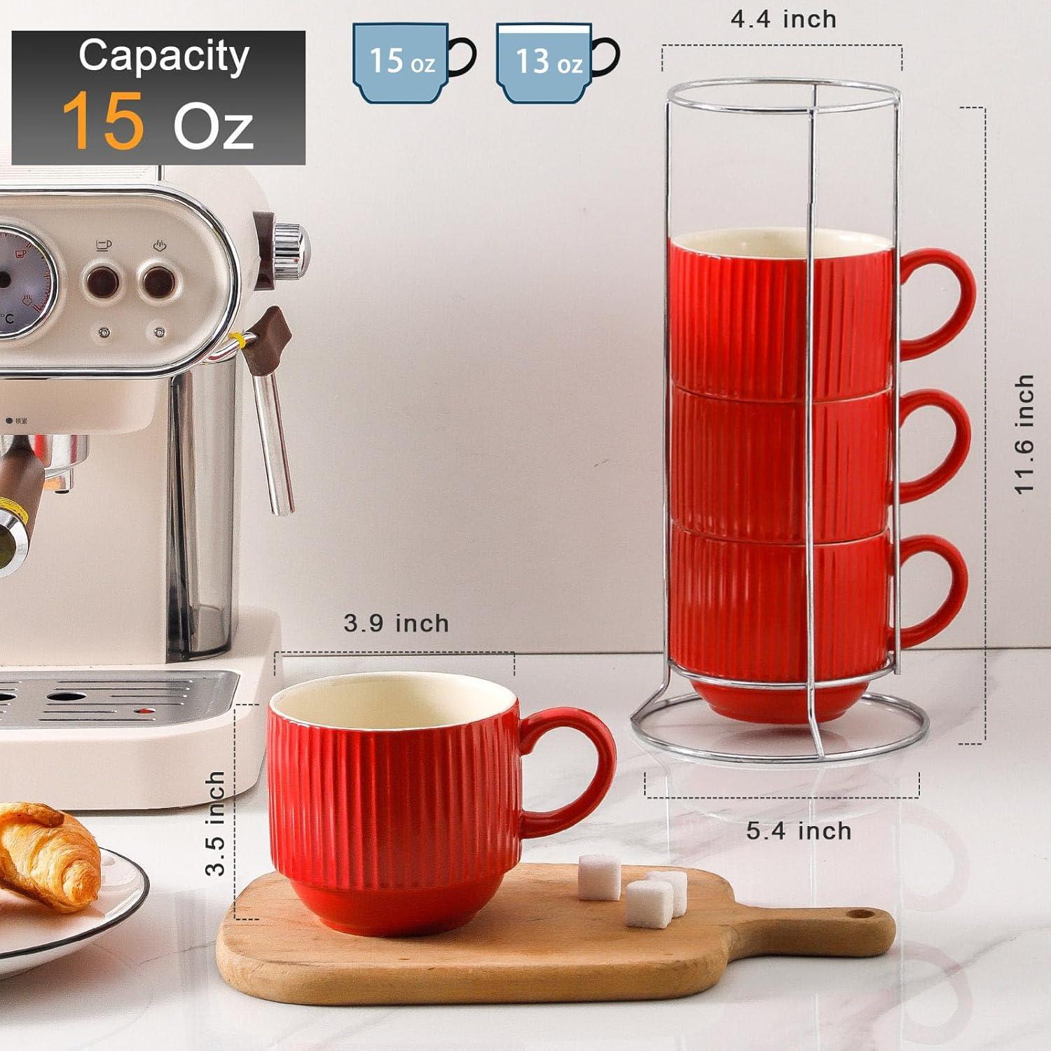 Juego de 4 Tazas de Café Rojas Hasense 15 oz Cerámica Apilables
