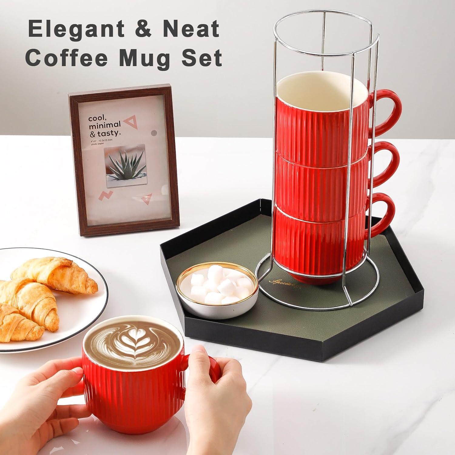 Juego de 4 Tazas de Café Rojas Hasense 15 oz Cerámica Apilables