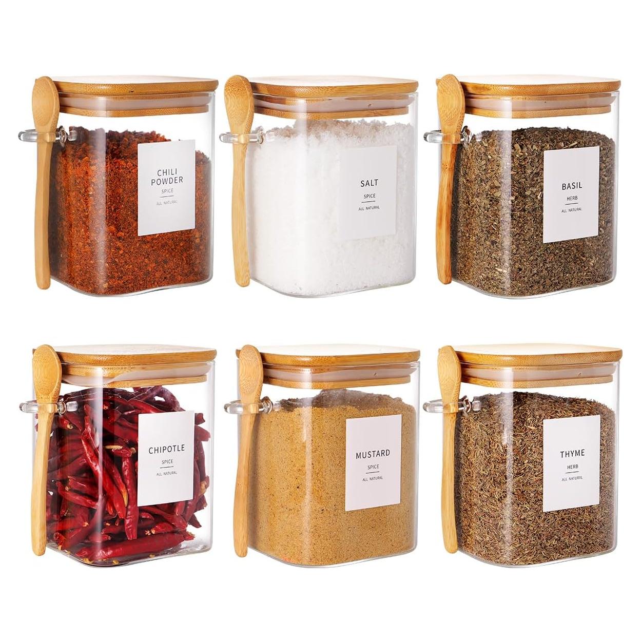Set de 6 Tarros de Vidrio Cuadrados 0.8L con Tapa de Bambú y Cuchara
