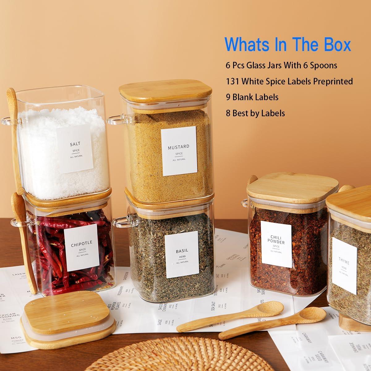 Set de 6 Tarros de Vidrio Cuadrados 0.8L con Tapa de Bambú y Cuchara