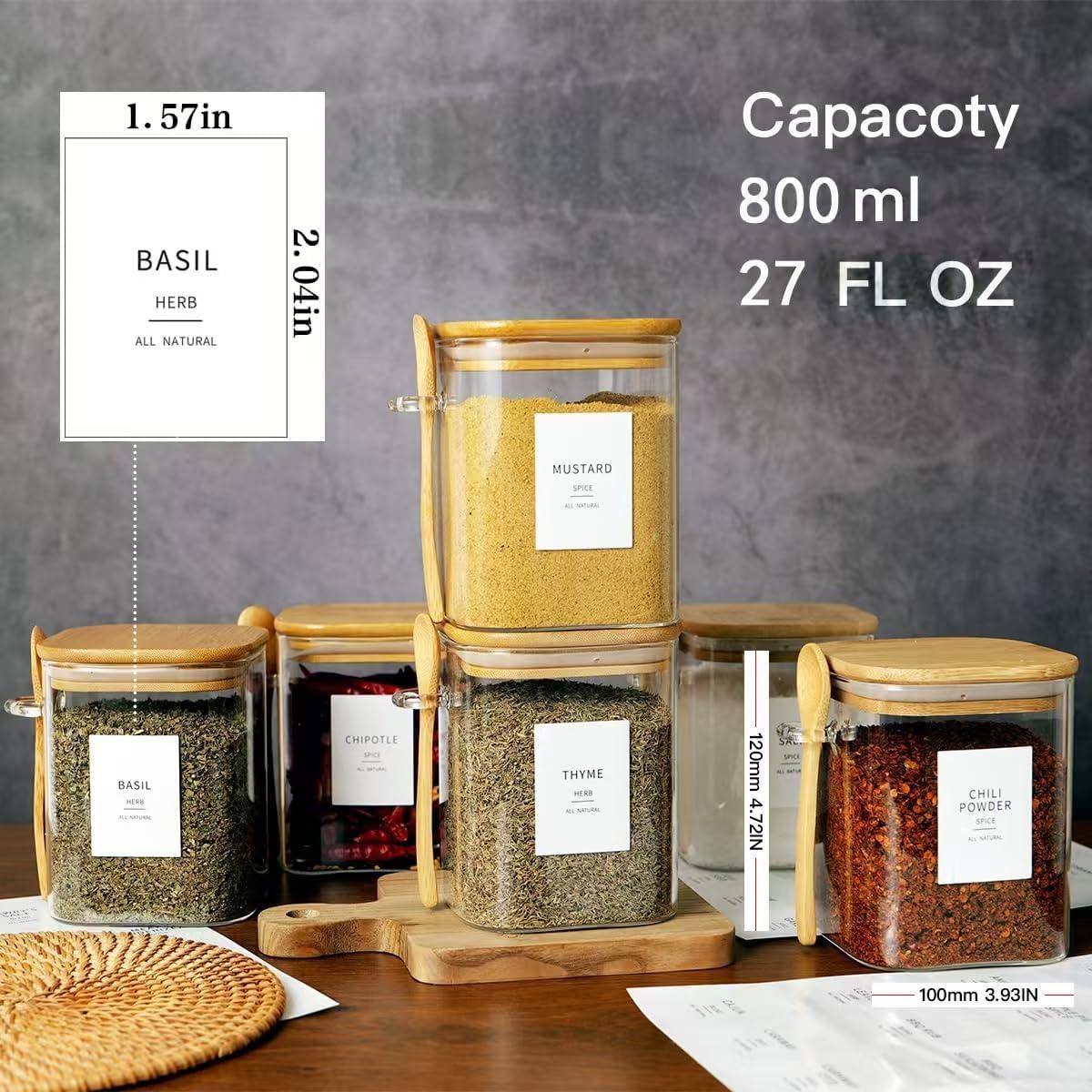 Set de 6 Tarros de Vidrio Cuadrados 0.8L con Tapa de Bambú y Cuchara