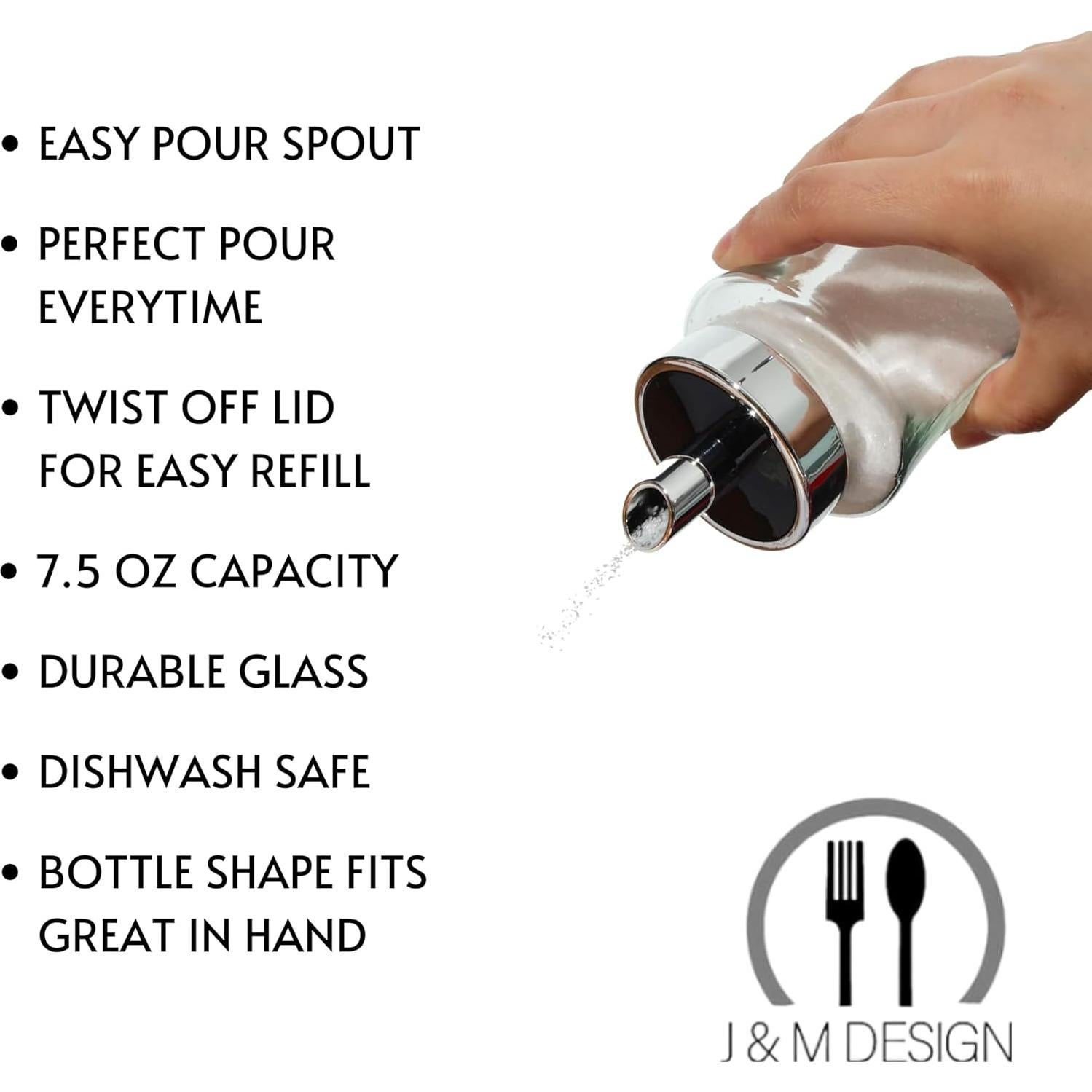 J&M DESIGN Sugar Dispenser with Pour Spout & Shaker For Coffee, Cereal Bowl, Tea & Baking Lid for Easy Spoon Measuring Pour - 7.5oz Glass Jar Container - Dishwasher Safe