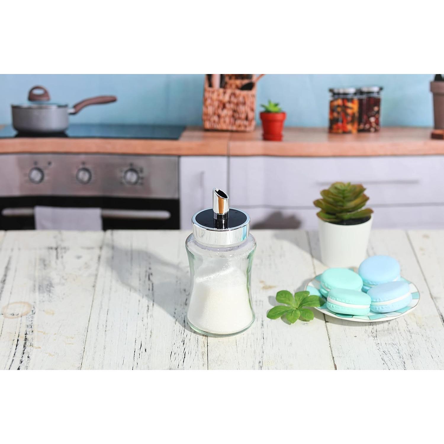 J&M DESIGN Sugar Dispenser with Pour Spout & Shaker For Coffee, Cereal Bowl, Tea & Baking Lid for Easy Spoon Measuring Pour - 7.5oz Glass Jar Container - Dishwasher Safe