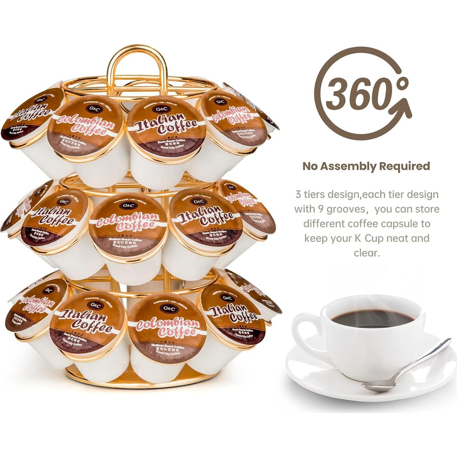 Soporte para cápsulas de café Krewey dorado, 27 K Cups, giratorio