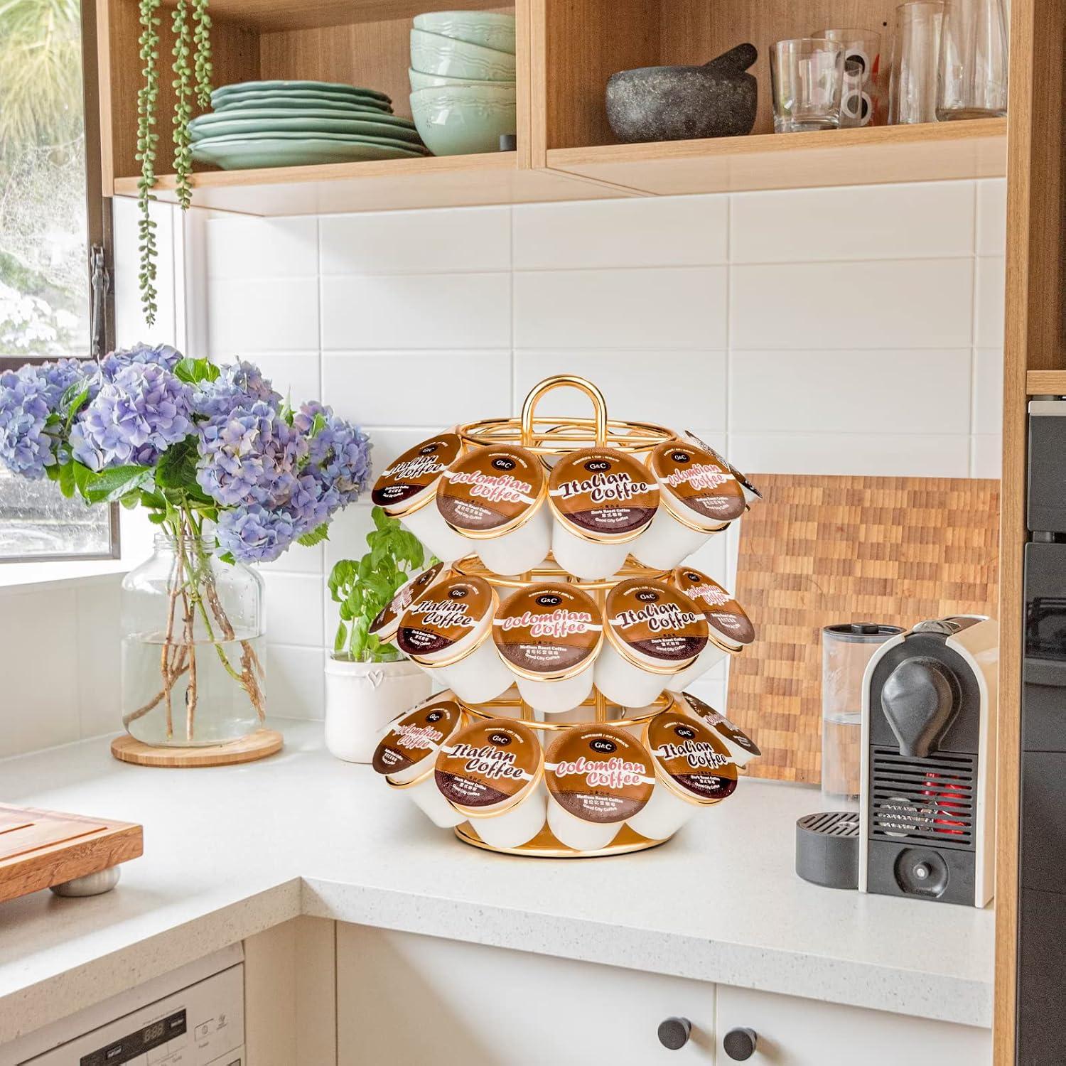 Soporte para cápsulas de café Krewey dorado, 27 K Cups, giratorio