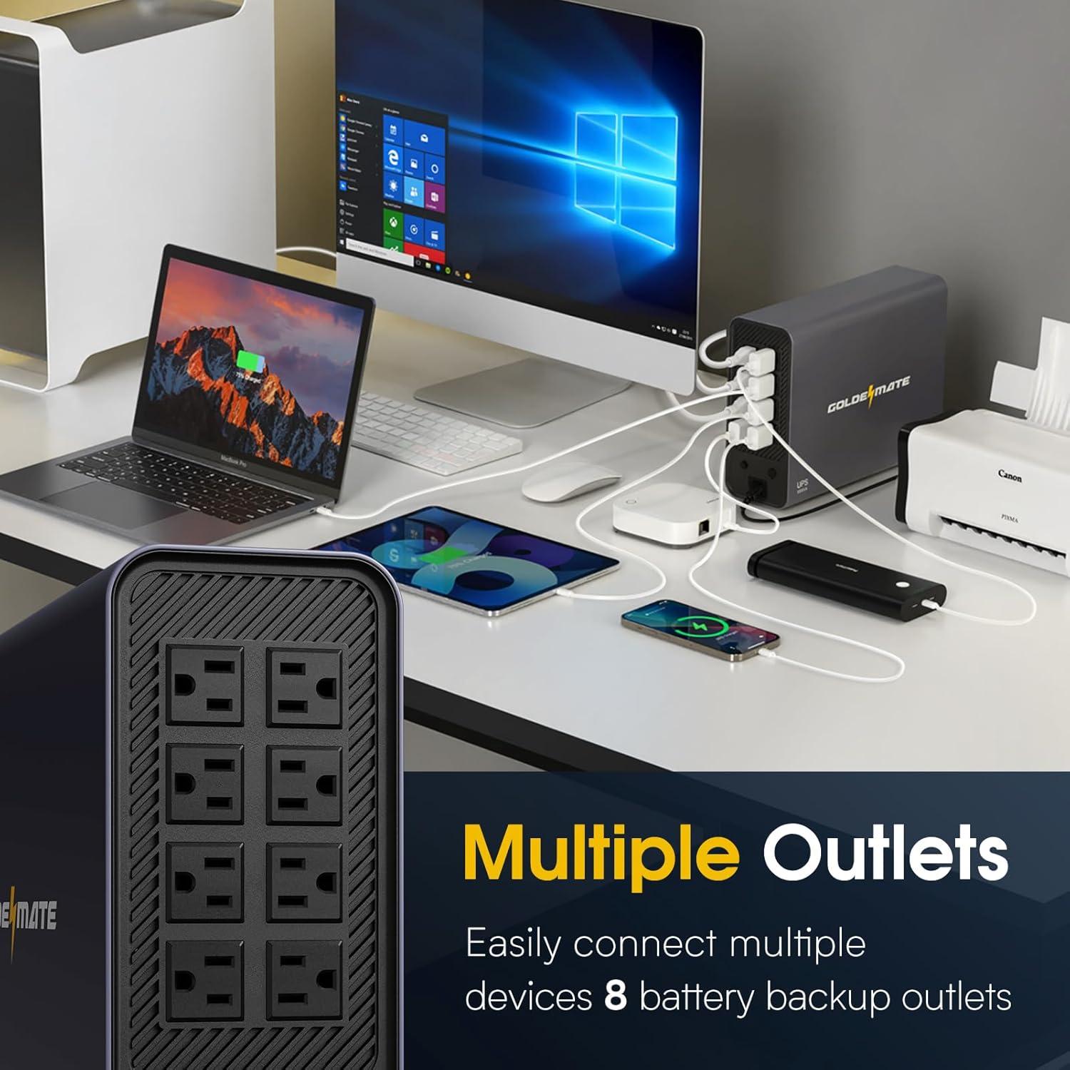 UPS 1000VA GOLDENMATE 800W 8 Salidas Pantalla LCD Gris