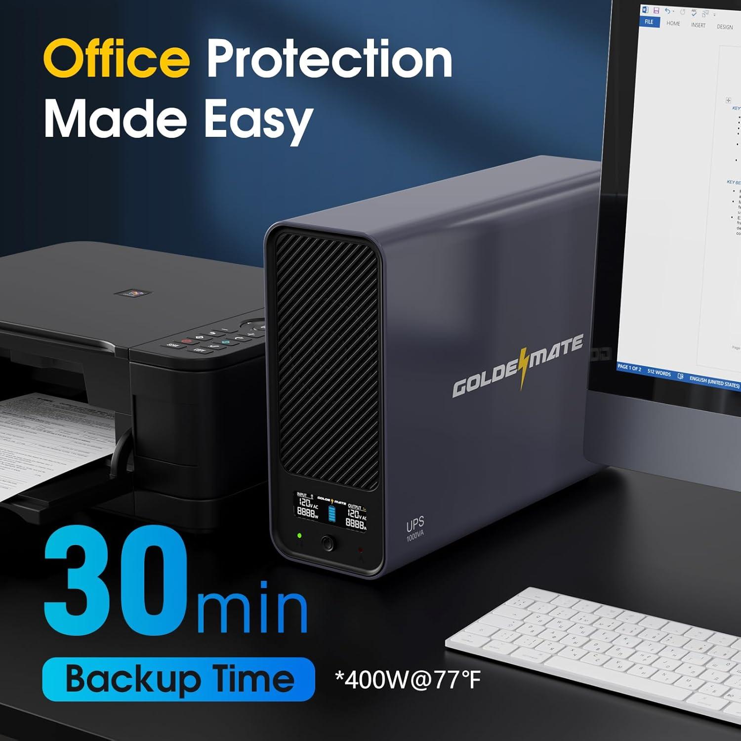 UPS 1000VA GOLDENMATE 800W 8 Salidas Pantalla LCD Gris