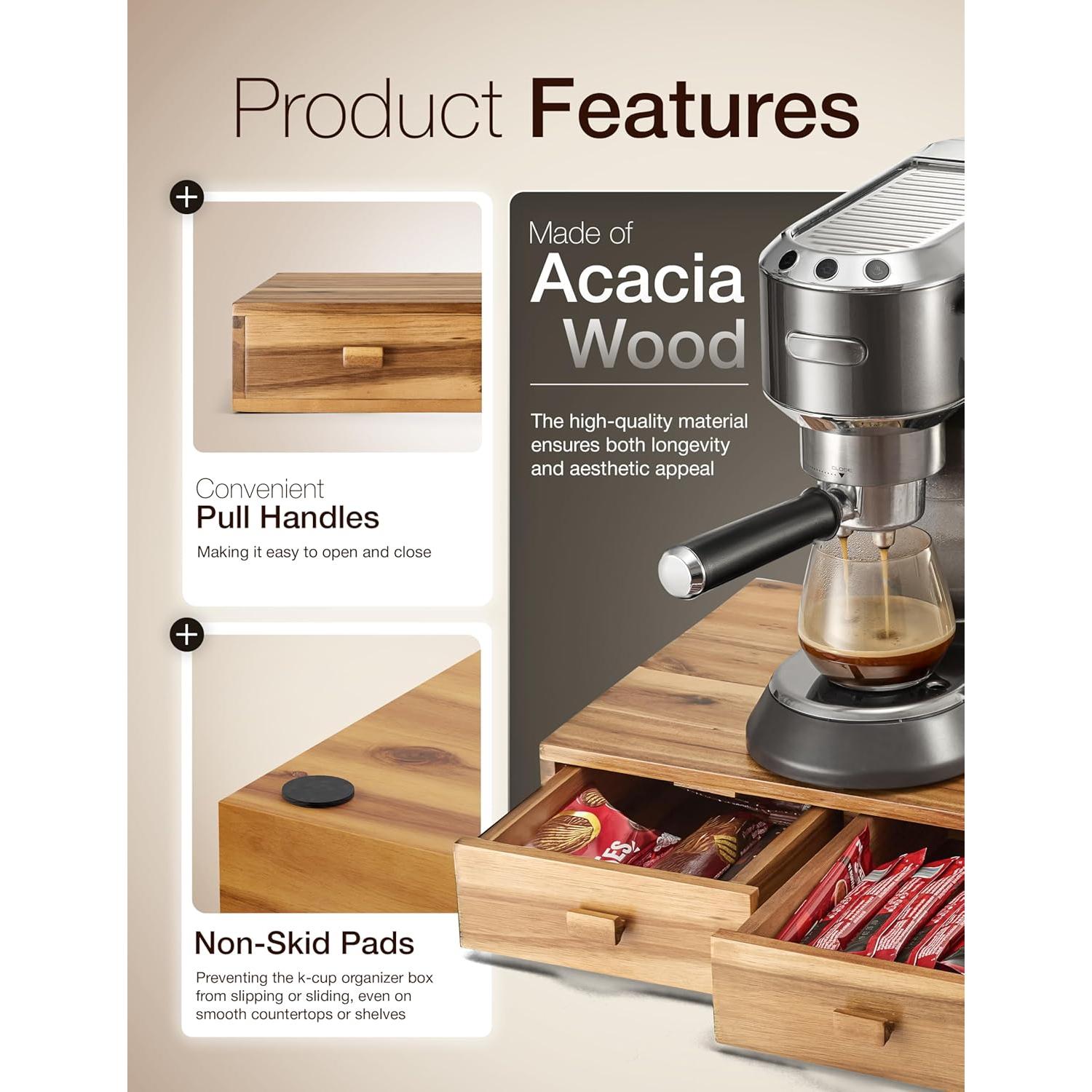 Organizador de Cápsulas de Café Tinamo - Madera de Acacia, 2 Cajones